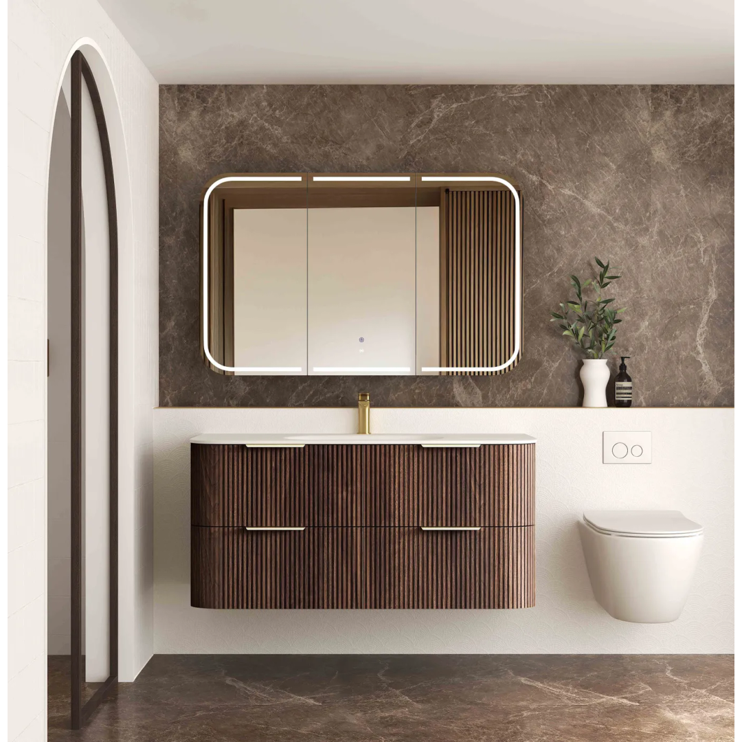 Otti Hanava 1200 Sable Walnut Fluted Fluted Wall Hung Curve Vanity With Chloe Silk Top