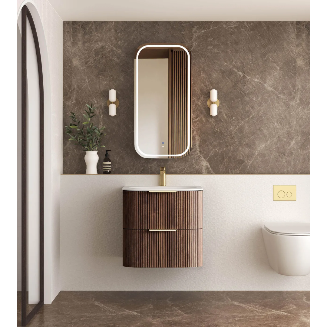 Otti Hanava 600 Sable Walnut Fluted Wall Hung Curve Vanity With Chloe Silk Top