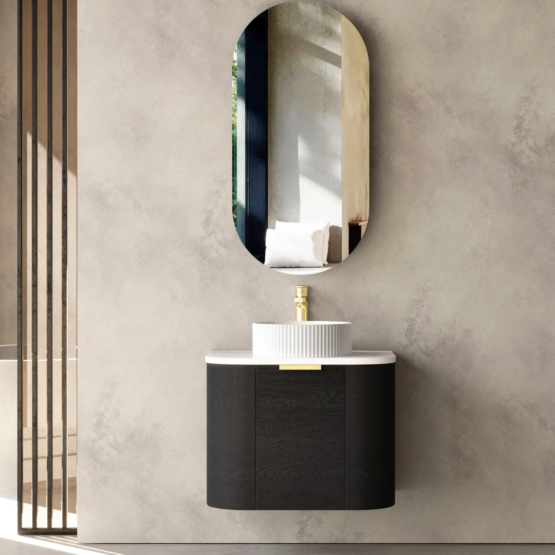 Otti Bondi 750X460X450 W/Hung Black Oak Vanity With Natural Carrara & Gold Handle 200Mm