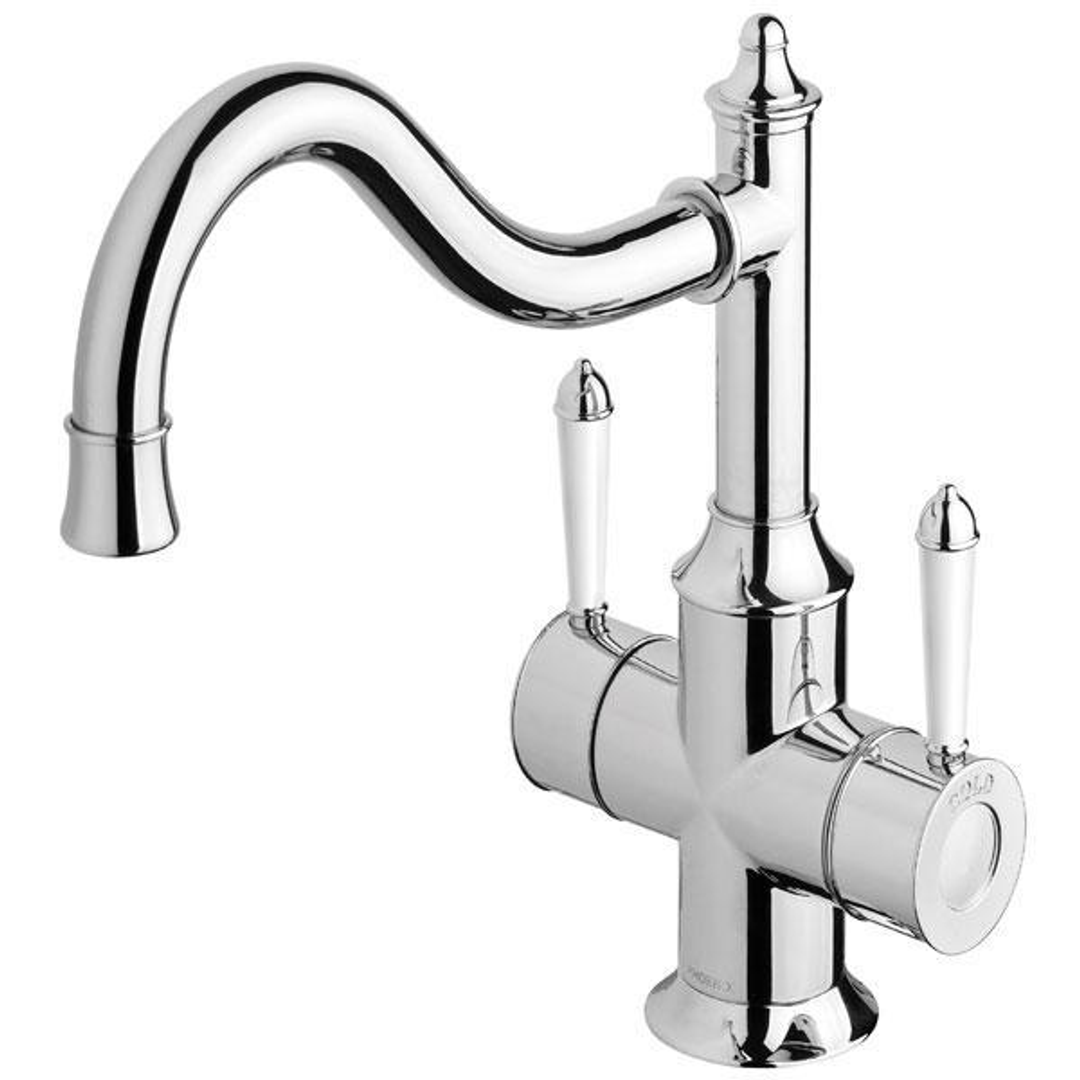 Phoenix Nostalgia Twin Handle Sink Mixer 220mm Shepherds Crook - Chrome/White