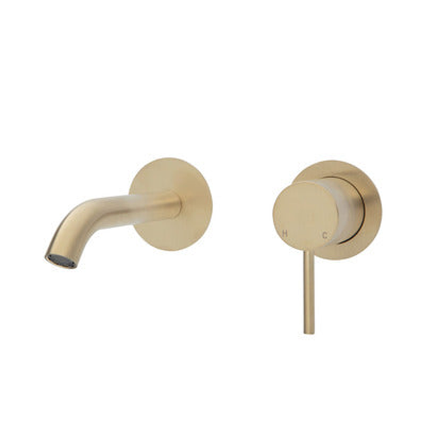 Fienza Kaya Basin/Bath Wall Mixer 160mm Outlet Set Urban Brass Round Urban Brass Plates
