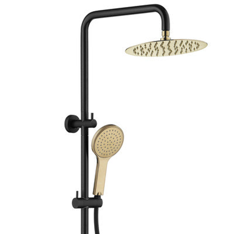 Fienza Kaya Twin Rail Shower Matte Black With Urban Brass Heads