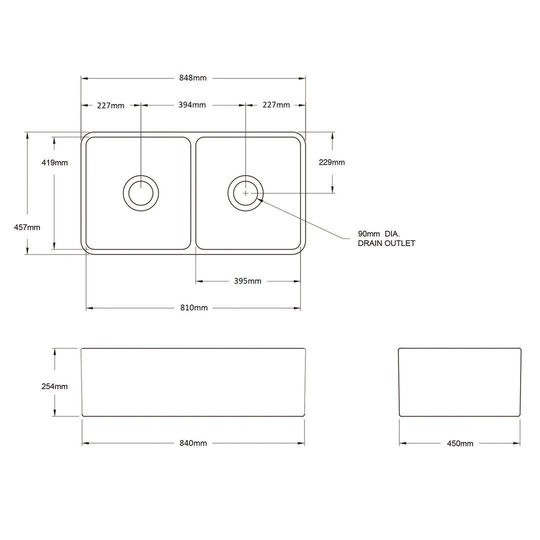 T&H Novi 84 X 46 Dbl Bowl Butler Sink Dbl Sided Flat Front &Ribbed Front