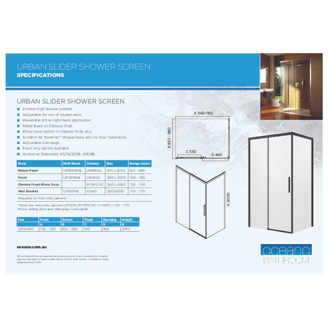 Oceano Urban Slider Shower Return Panel 900 X 2000 Matte Black