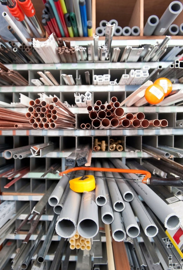 Plumbing supplies shelf with copper pipe, PVC pipe and fittings - Burdens Trade