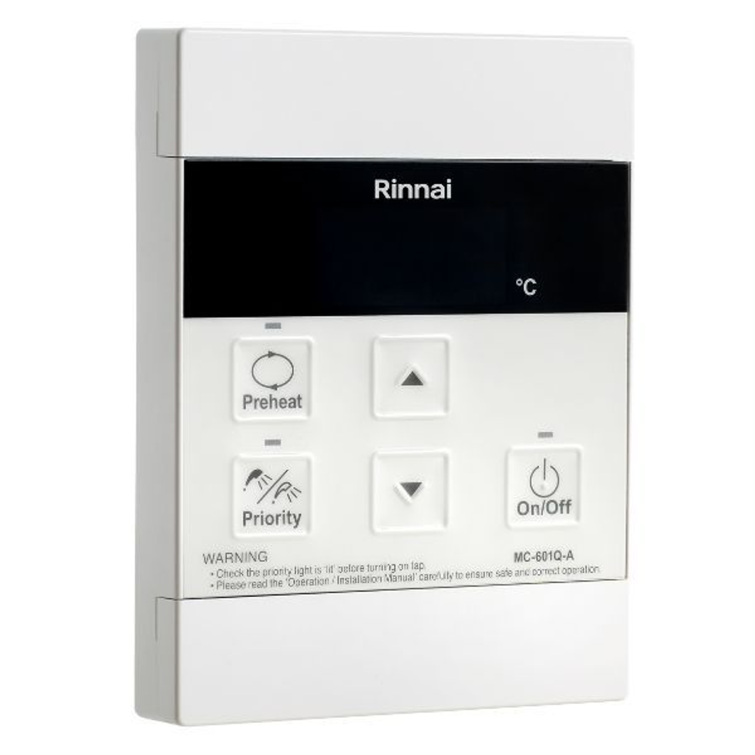 Rinnai wall-mounted air conditioner control panel, model MC-681Q-A, in white plastic with a black display screen and four control buttons.