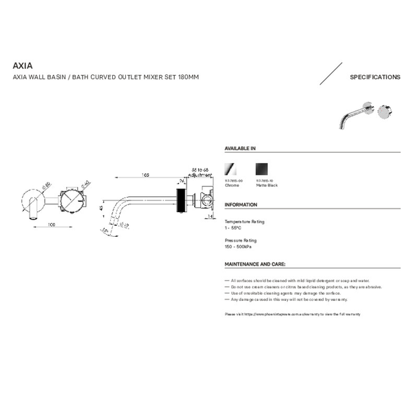 Phoenix Axia Wall Basin/Bath Curved Outlet Mixer Set 180mm Matte Black