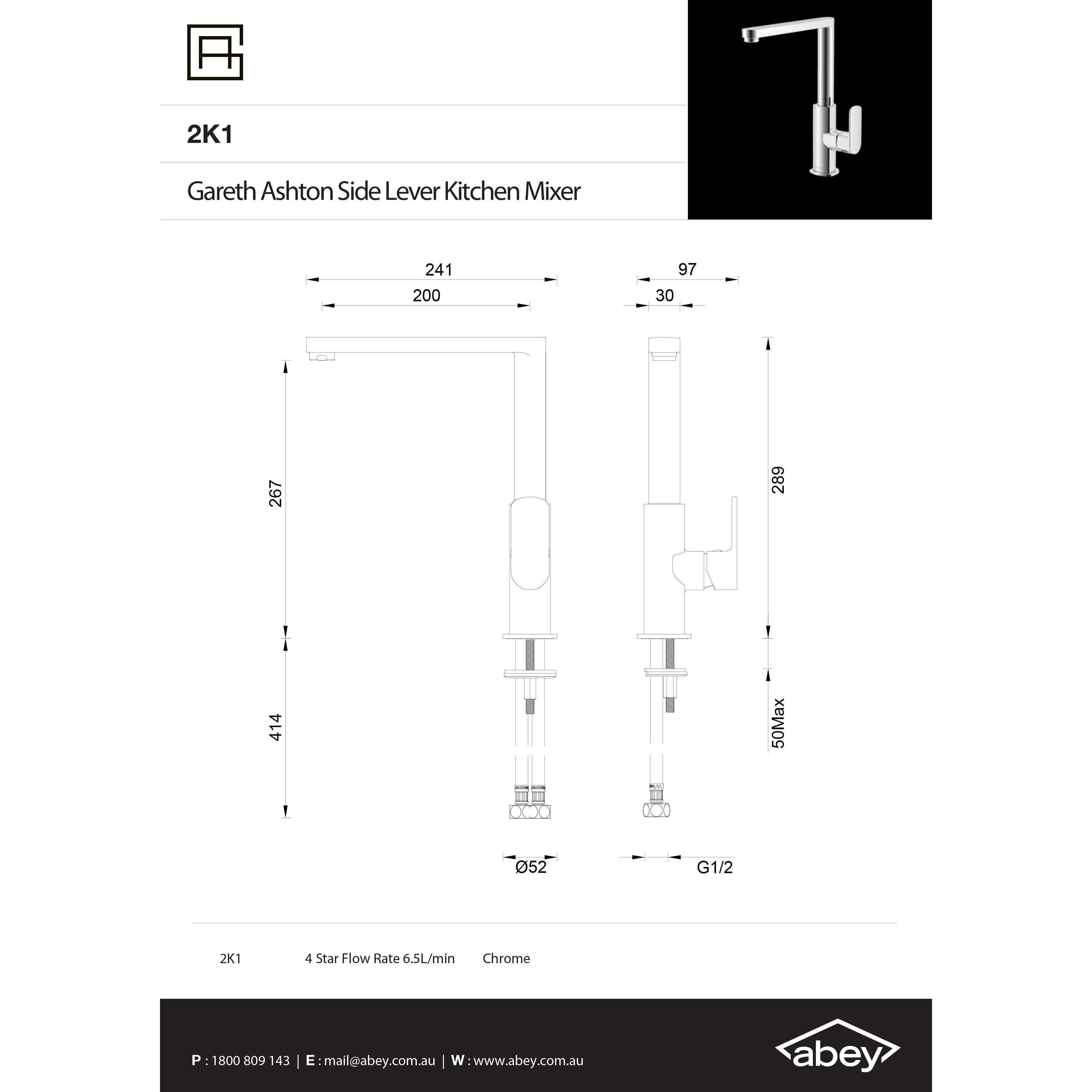 Abey Gareth Ashton Side Lever Kitchen Mixer Chrome - Burdens Plumbing