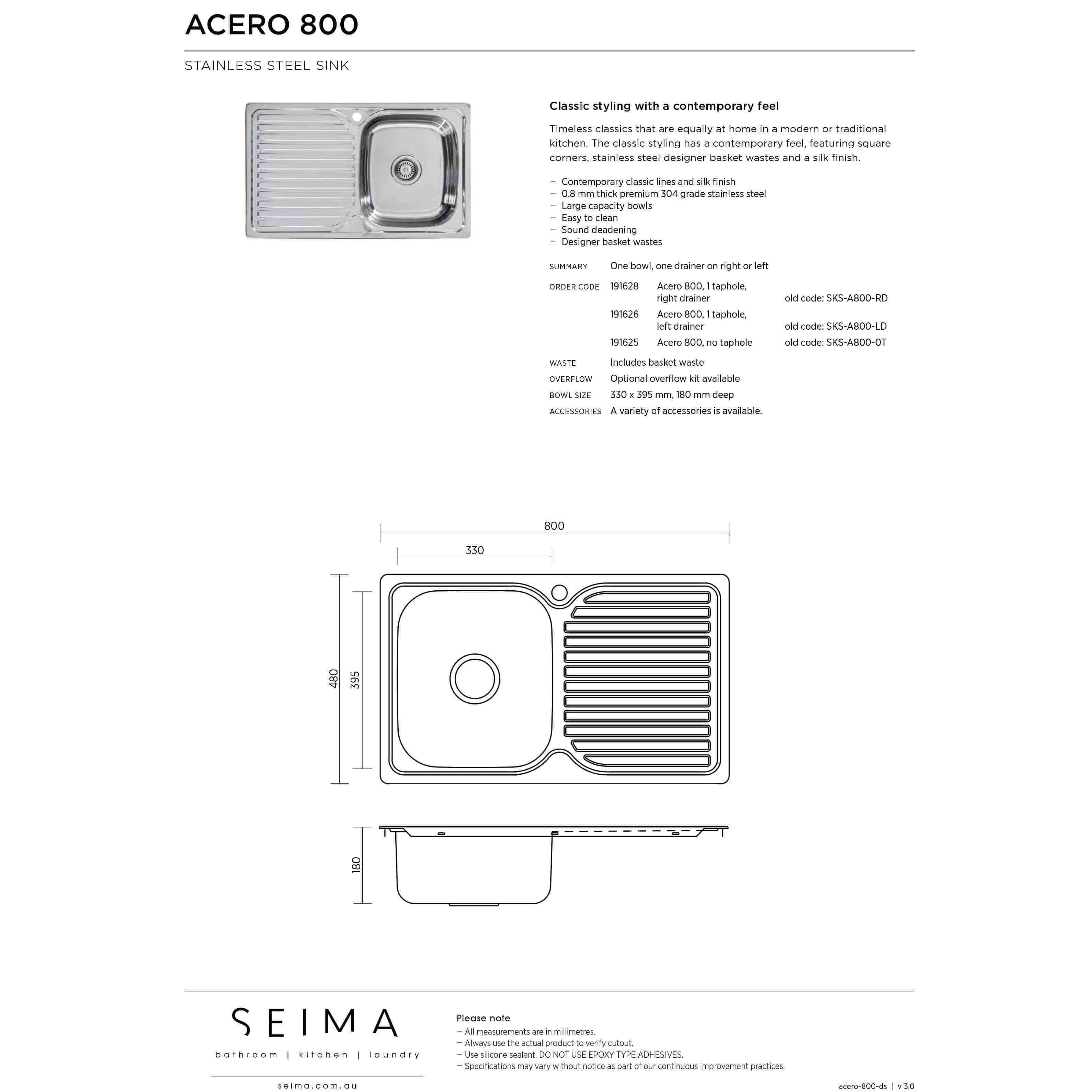 Acero Stainless Steel 800 Sink Left Hand Drainer 800 X 480 - Burdens Plumbing