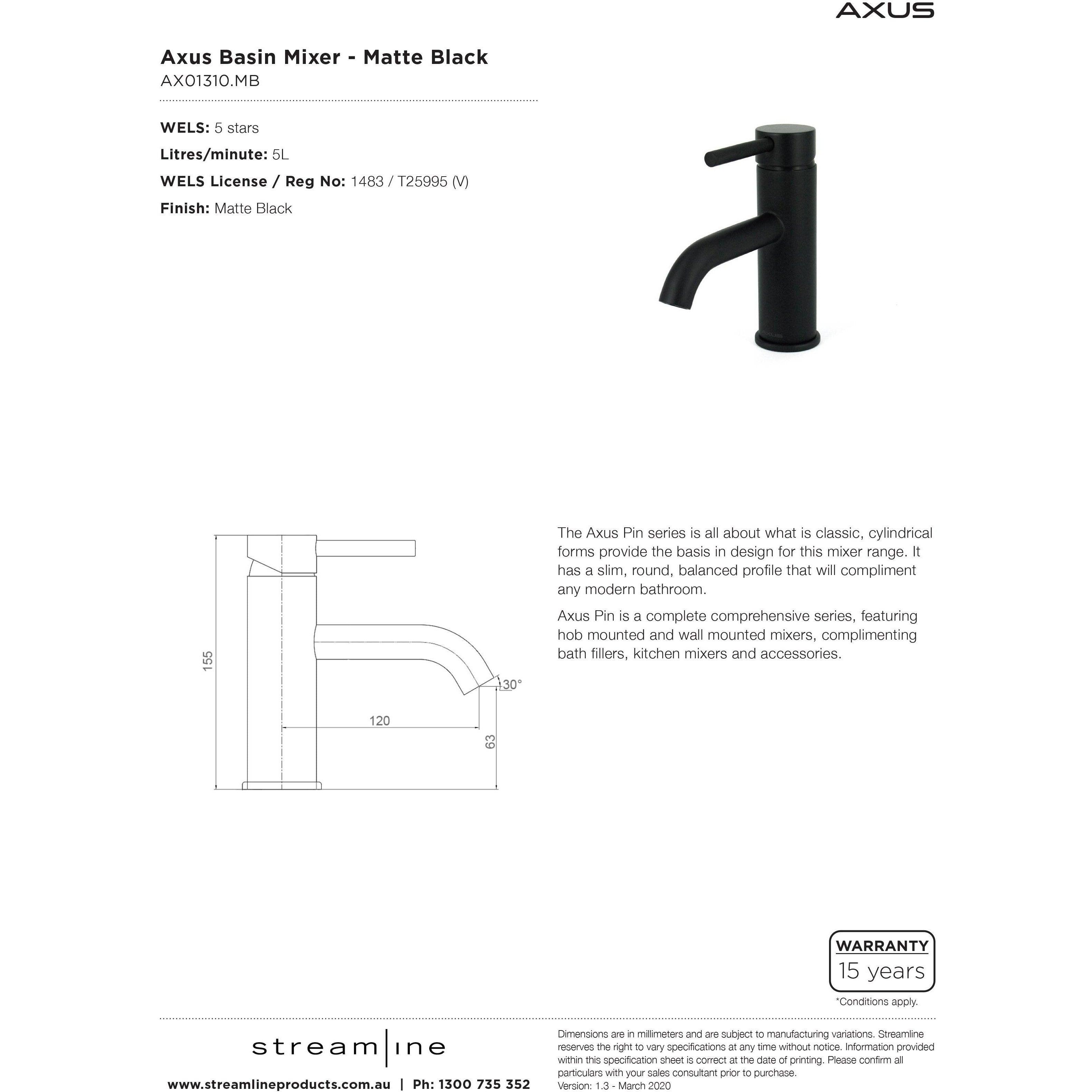 Arcisan Axus Pin Lever Basin Mixer Matt Black - Burdens Plumbing