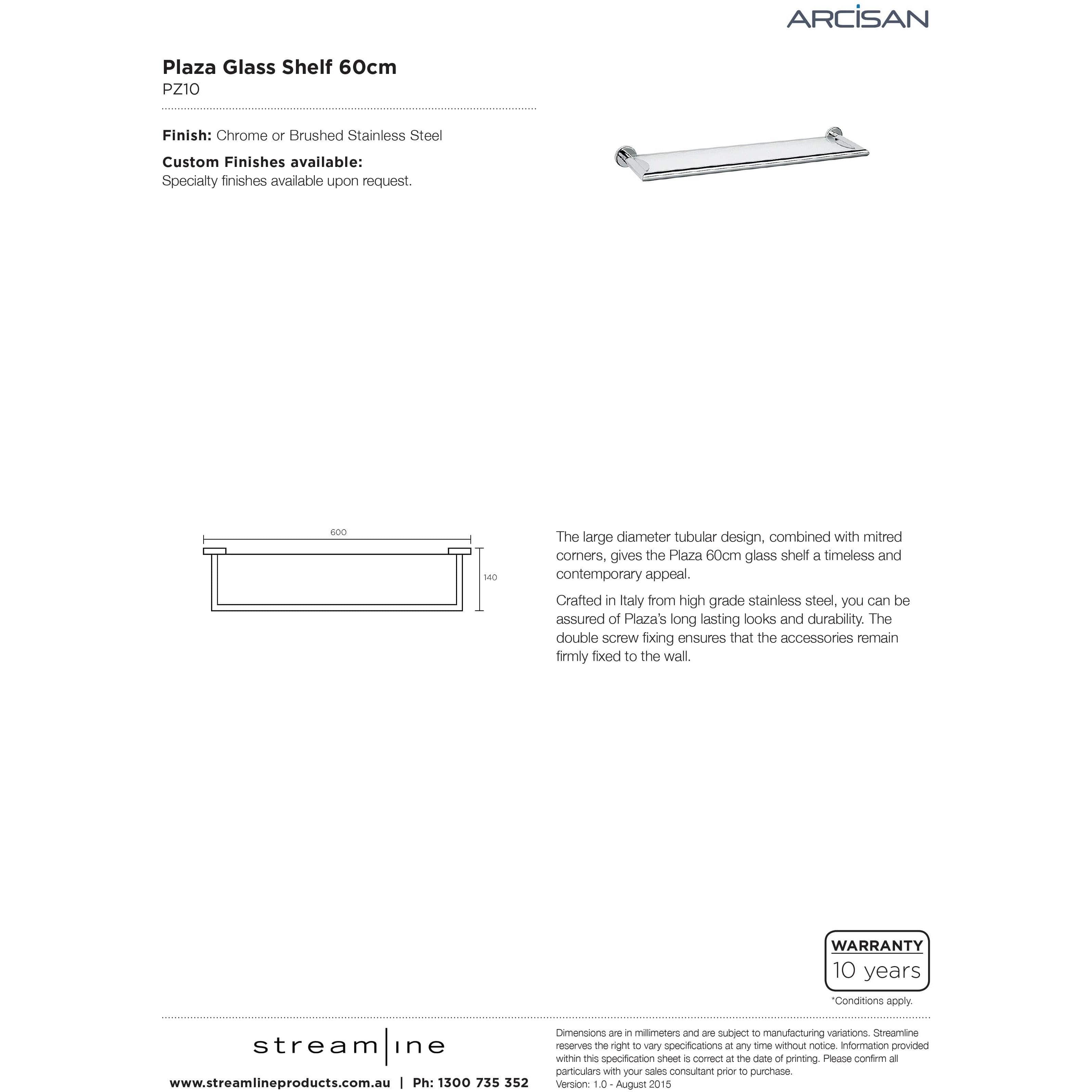 Arcisan Plaza 600mm Glass Shelf Chrome Pz10C - Burdens Plumbing