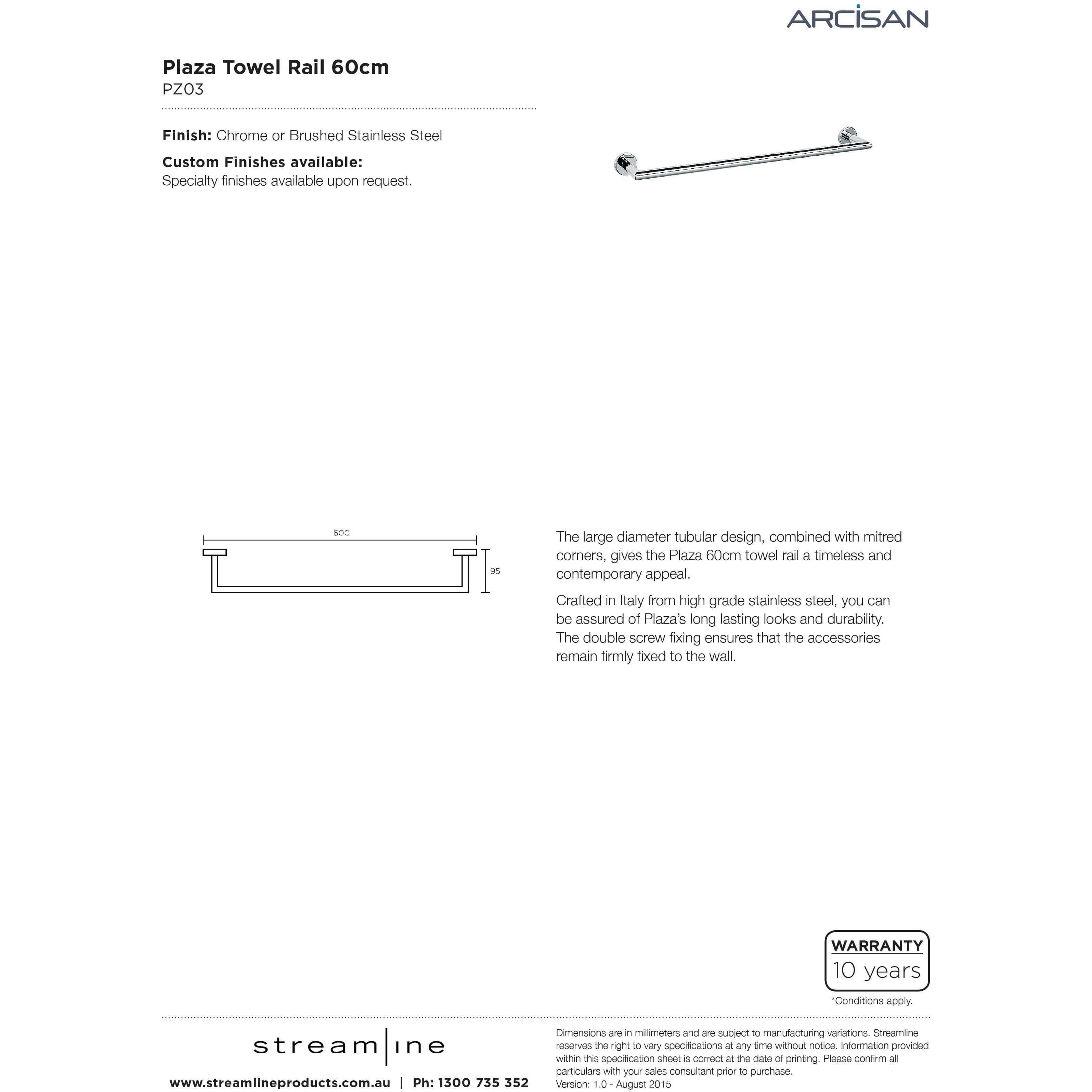 Arcisan Plaza 600mm Single Towel Rail Chrome Pz03C - Burdens Plumbing