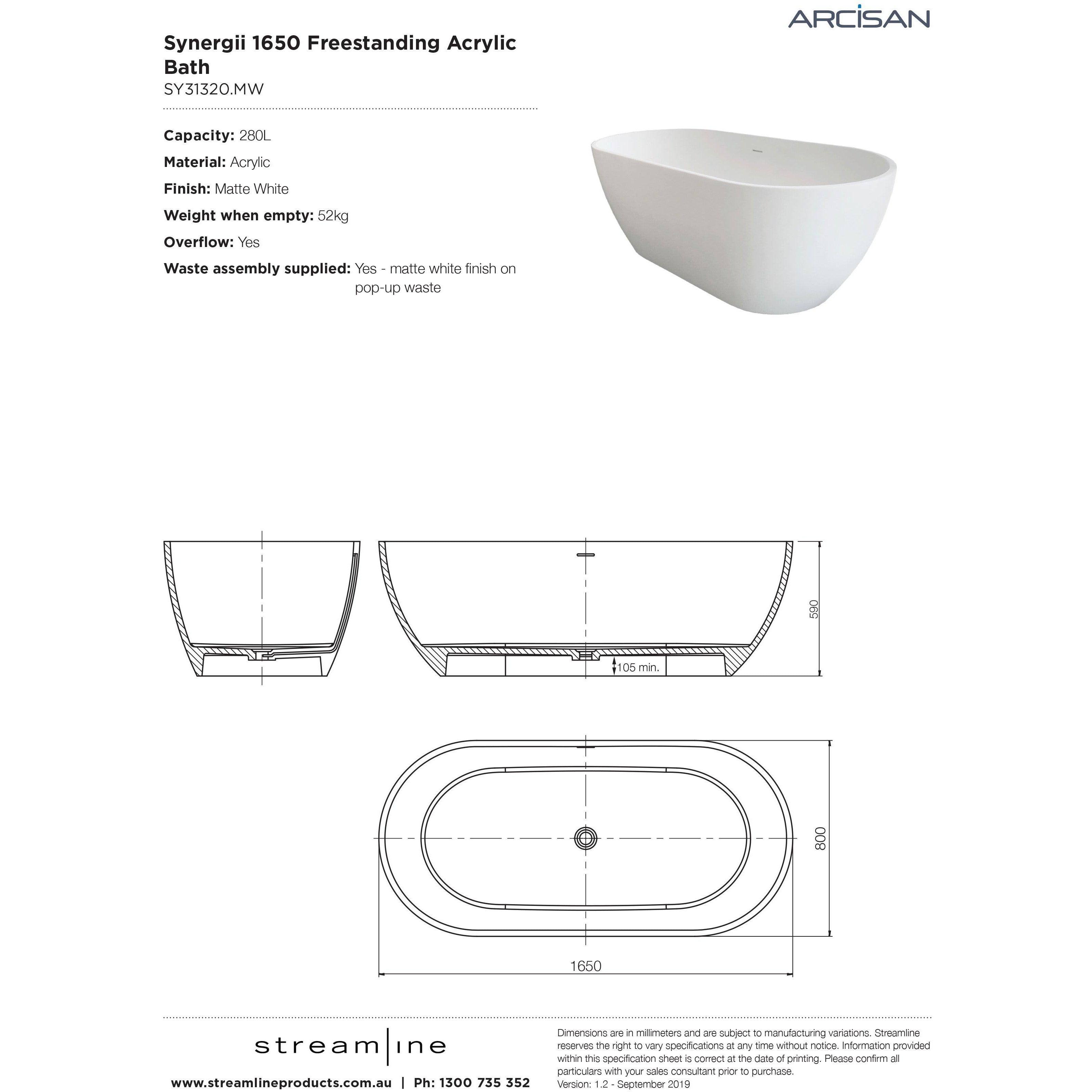 Arcisan Synergii 1650 F/Standing Bath Acrylic Matte White Sy31320.Mw - Burdens Plumbing