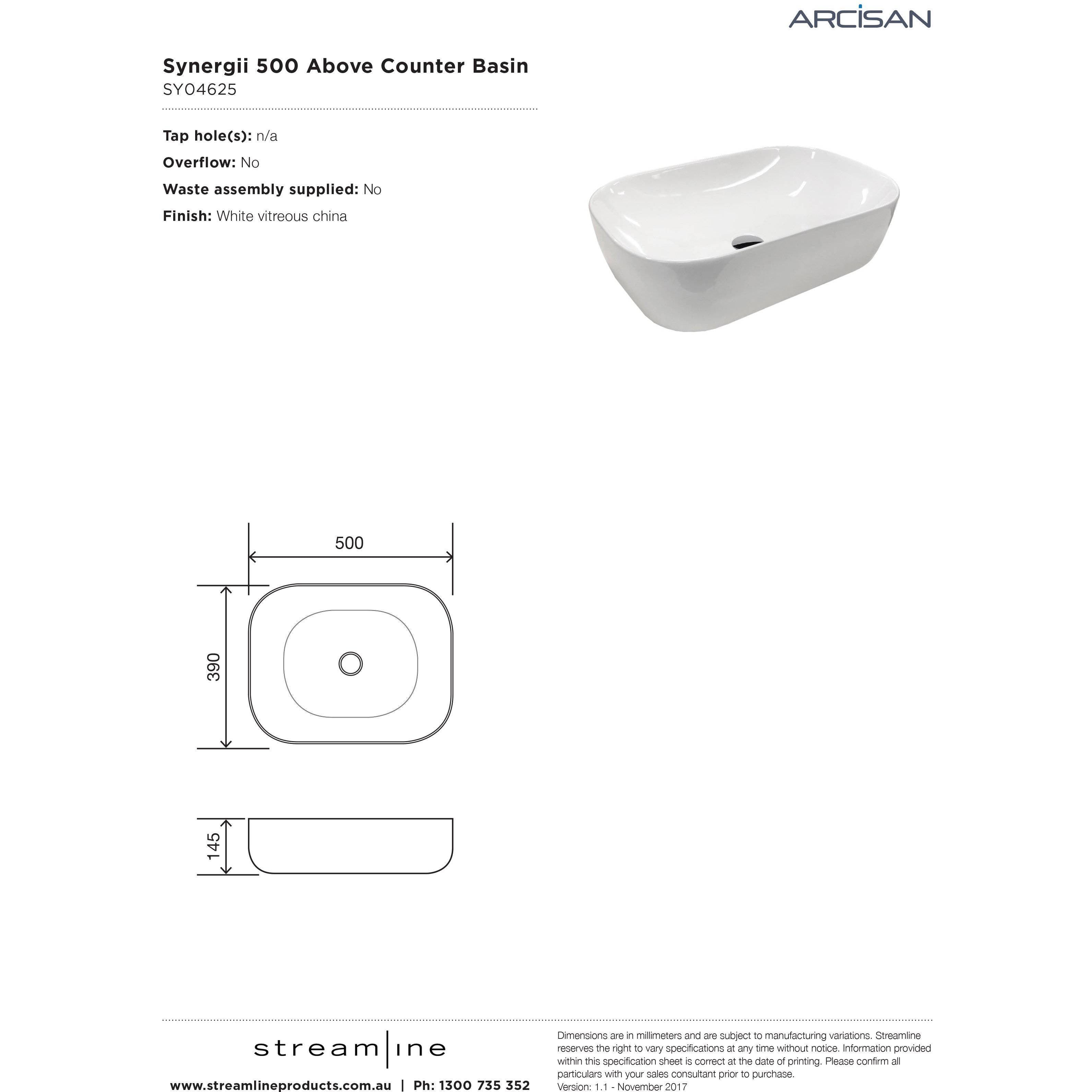 Arcisan Synergii Above Counter Basin 500mm X 390mm Sy04625 - Burdens Plumbing