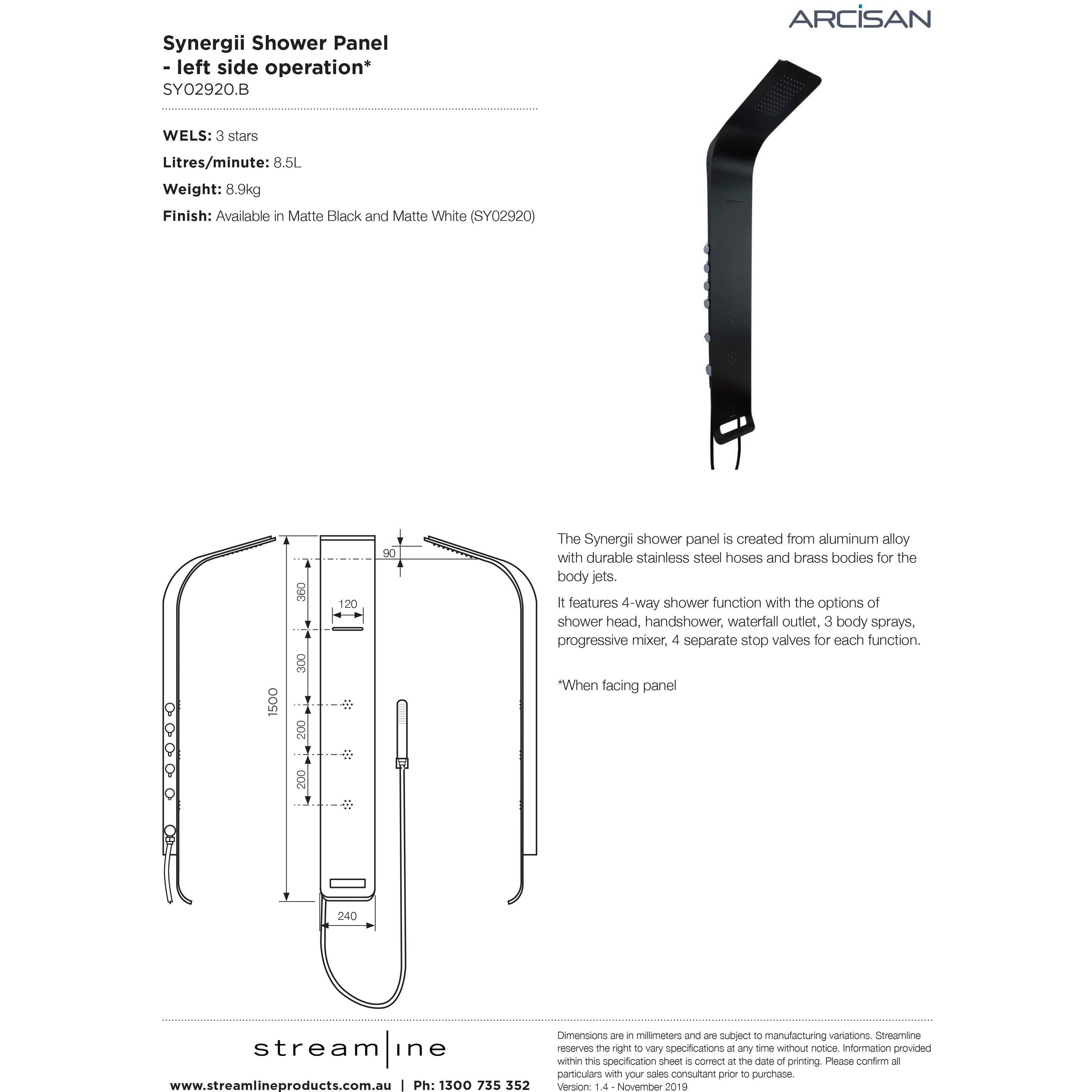 Arcisan Synergii Shower Panel Left Side Operation Matte Black - Burdens Plumbing