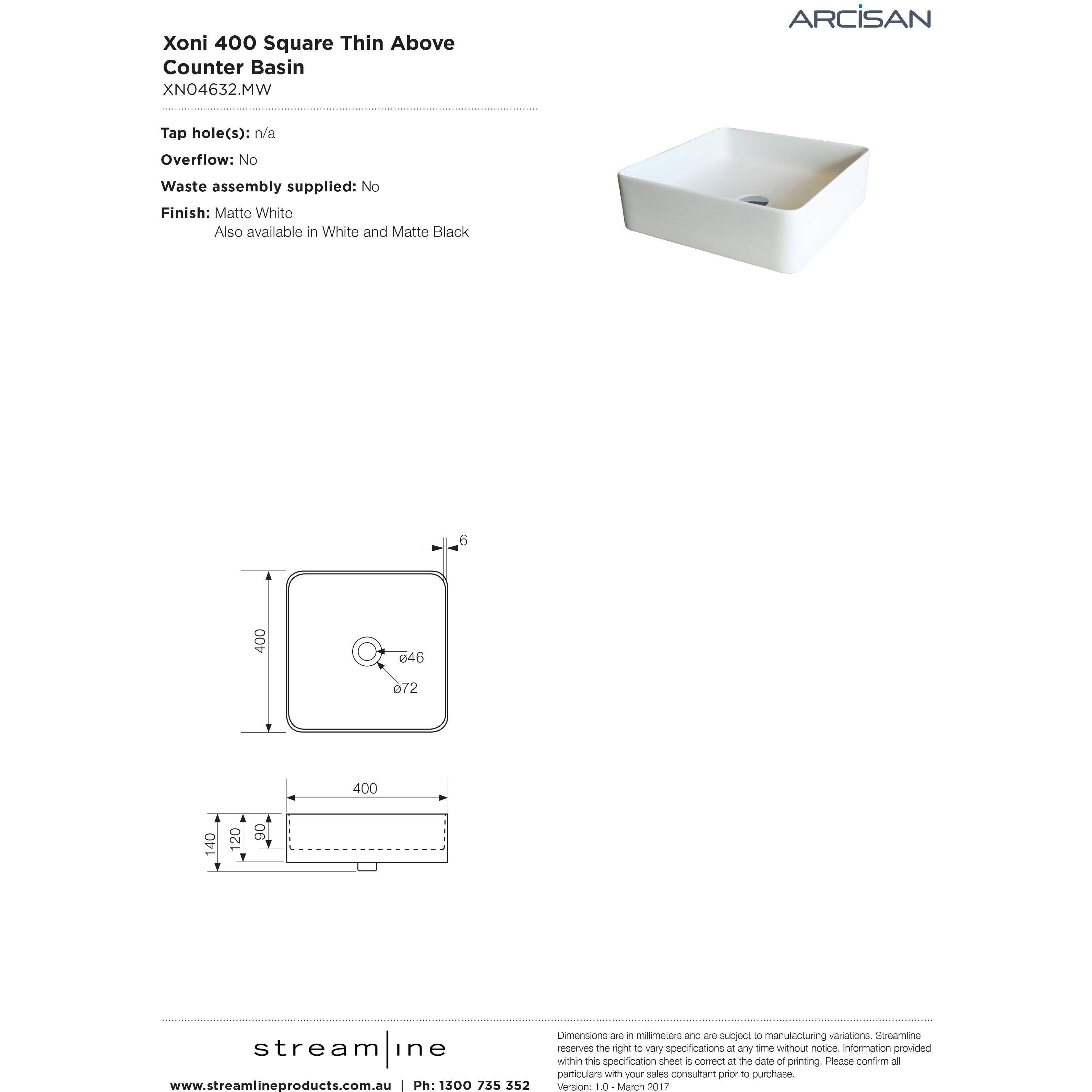 Arcisan Xoni 40X40 Thin Square Above Counter Basin - Burdens Plumbing