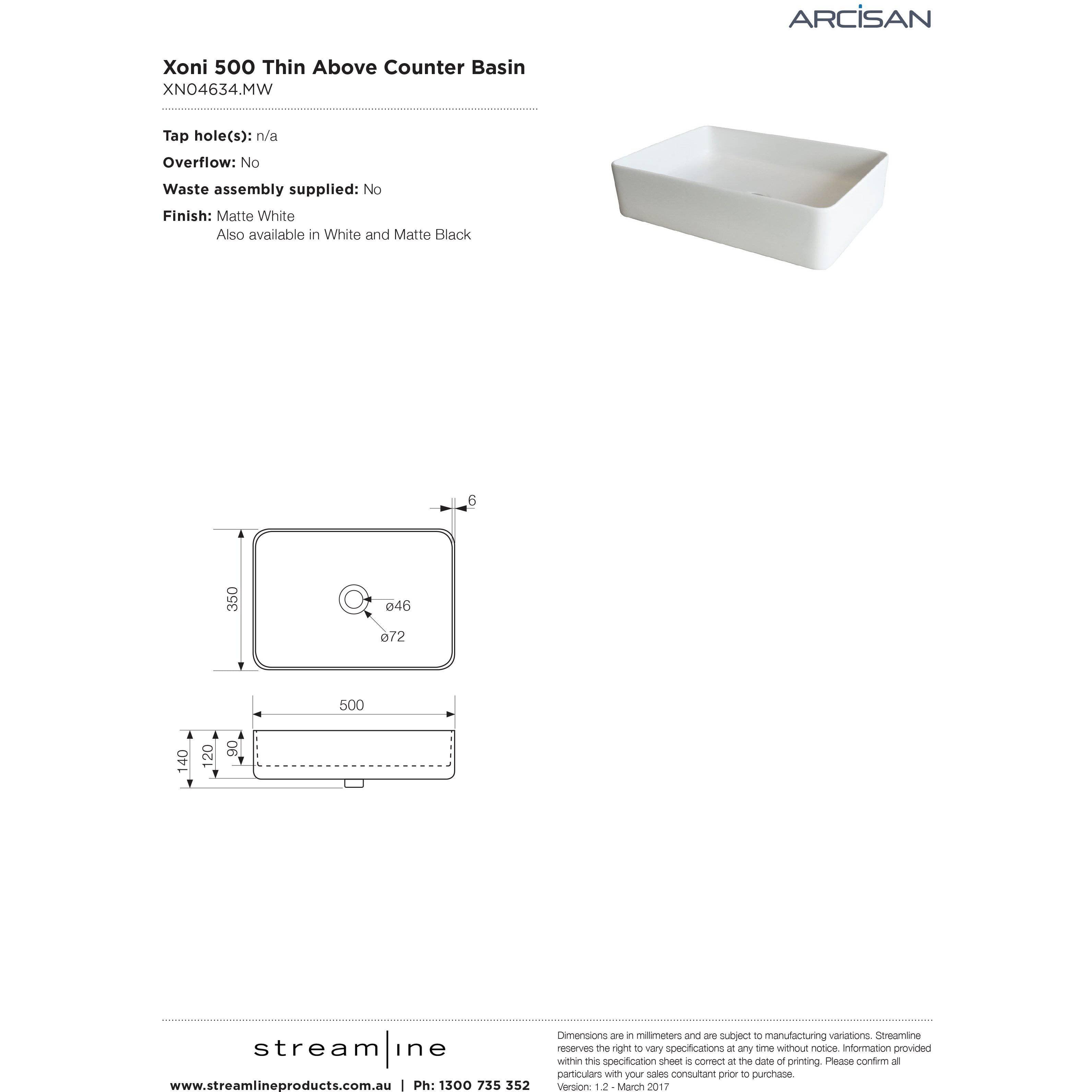 Arcisan Xoni Thin Rect Above Counter Basin 500X350 Matt White - Burdens Plumbing