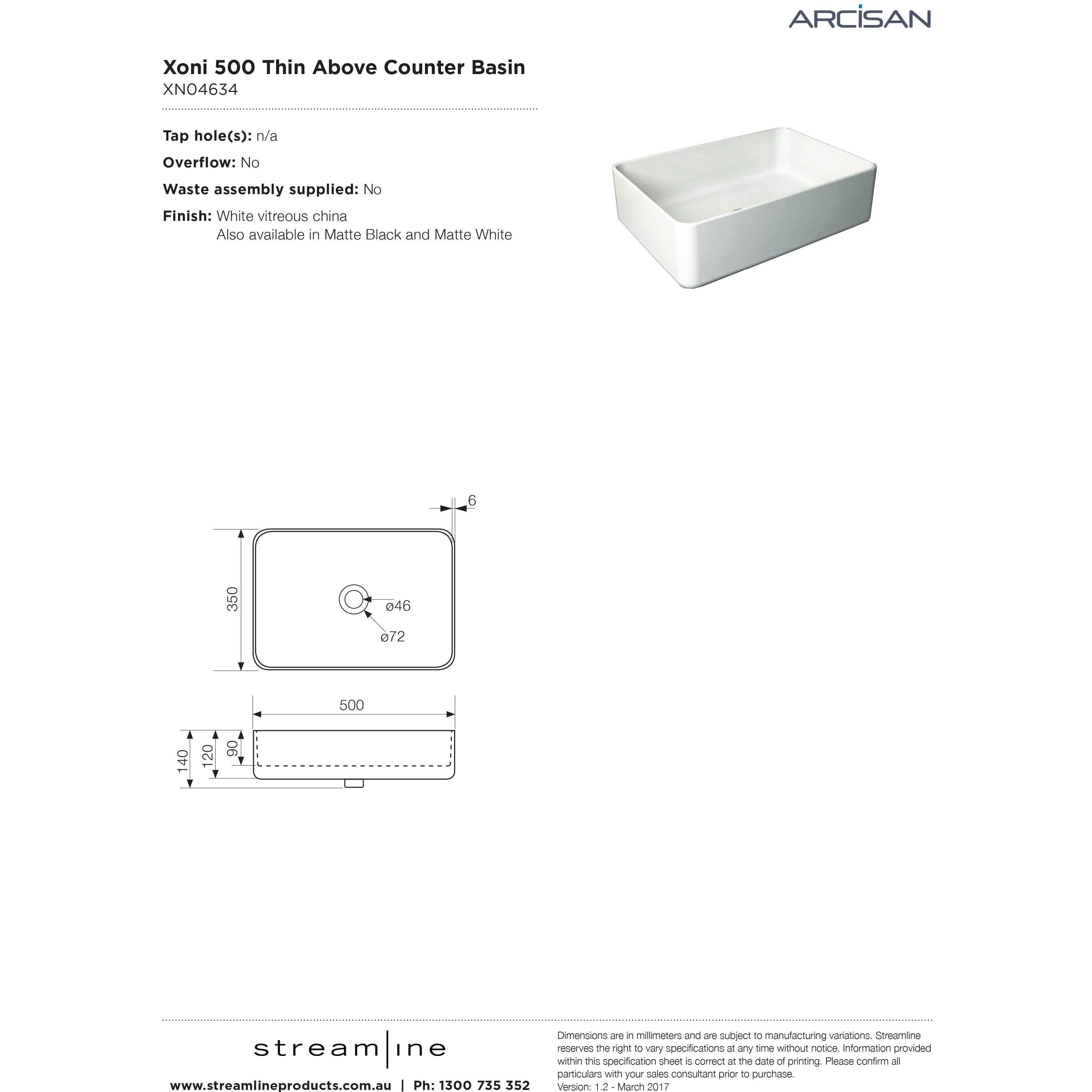 Arcisan Xoni Thin Rect Above Counter Basin 500X350 White - Burdens Plumbing