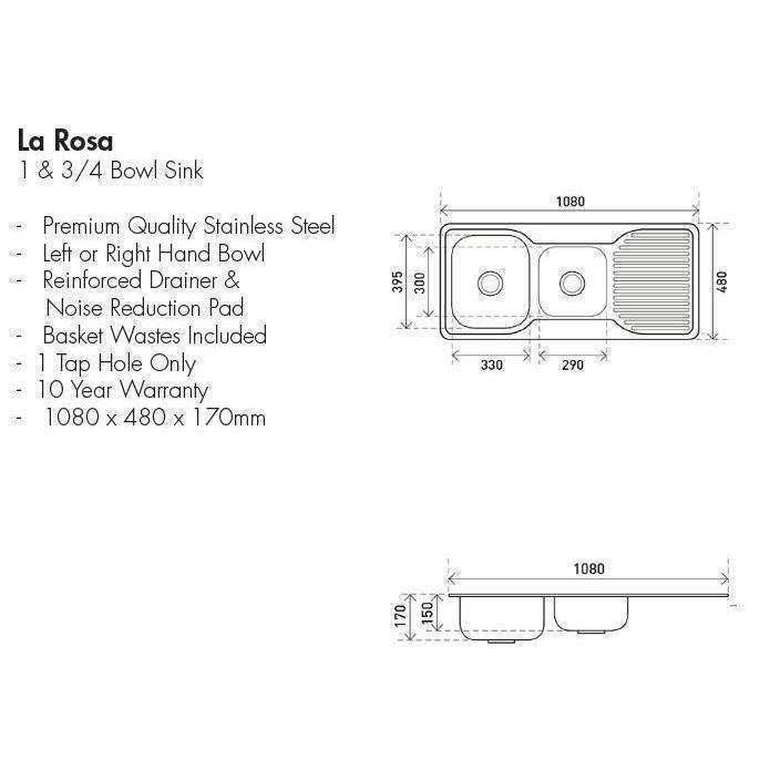 Aspire La Rosa 1 3/4 Bowl 1080X480 S/Steel Sink Oth - Burdens Plumbing