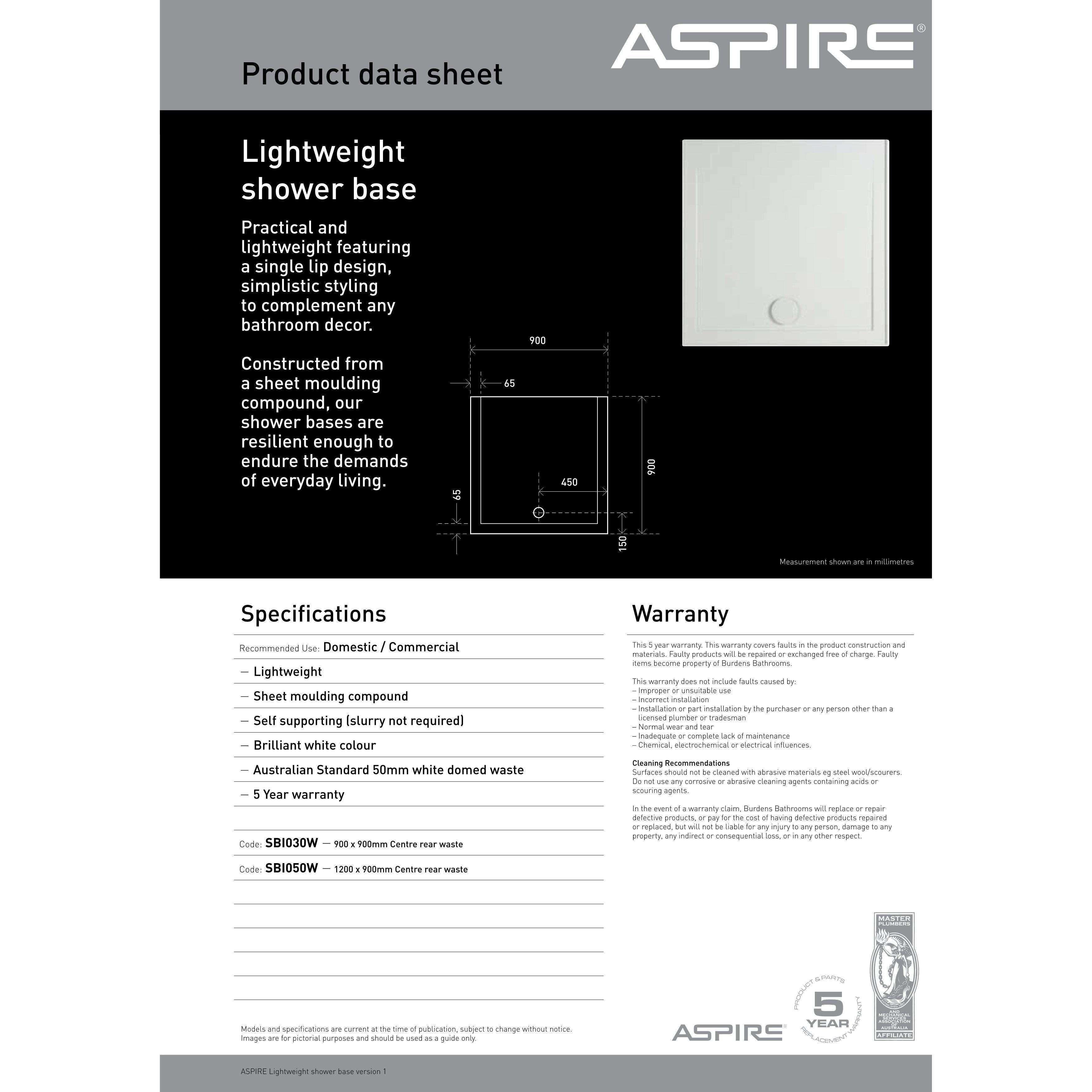 Aspire Lightweight Shower Base 1200X900 Smc Cntr R/Outlet - Burdens Plumbing