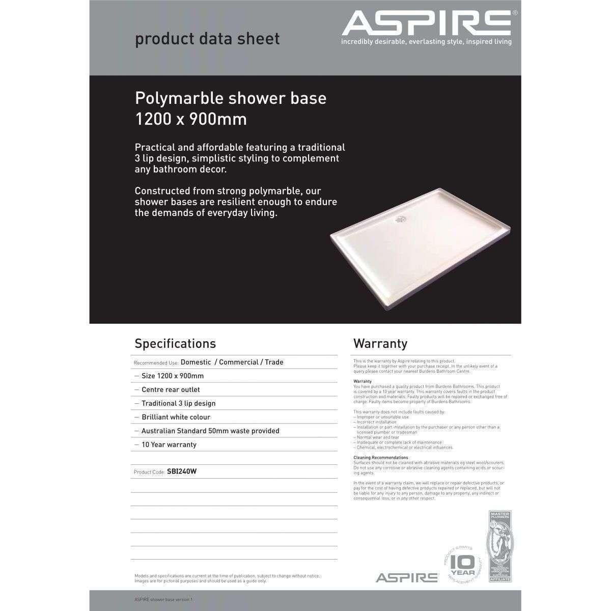 Aspire Shower Base 1200 X900 Poly Centre R/Outlet White - Burdens Plumbing