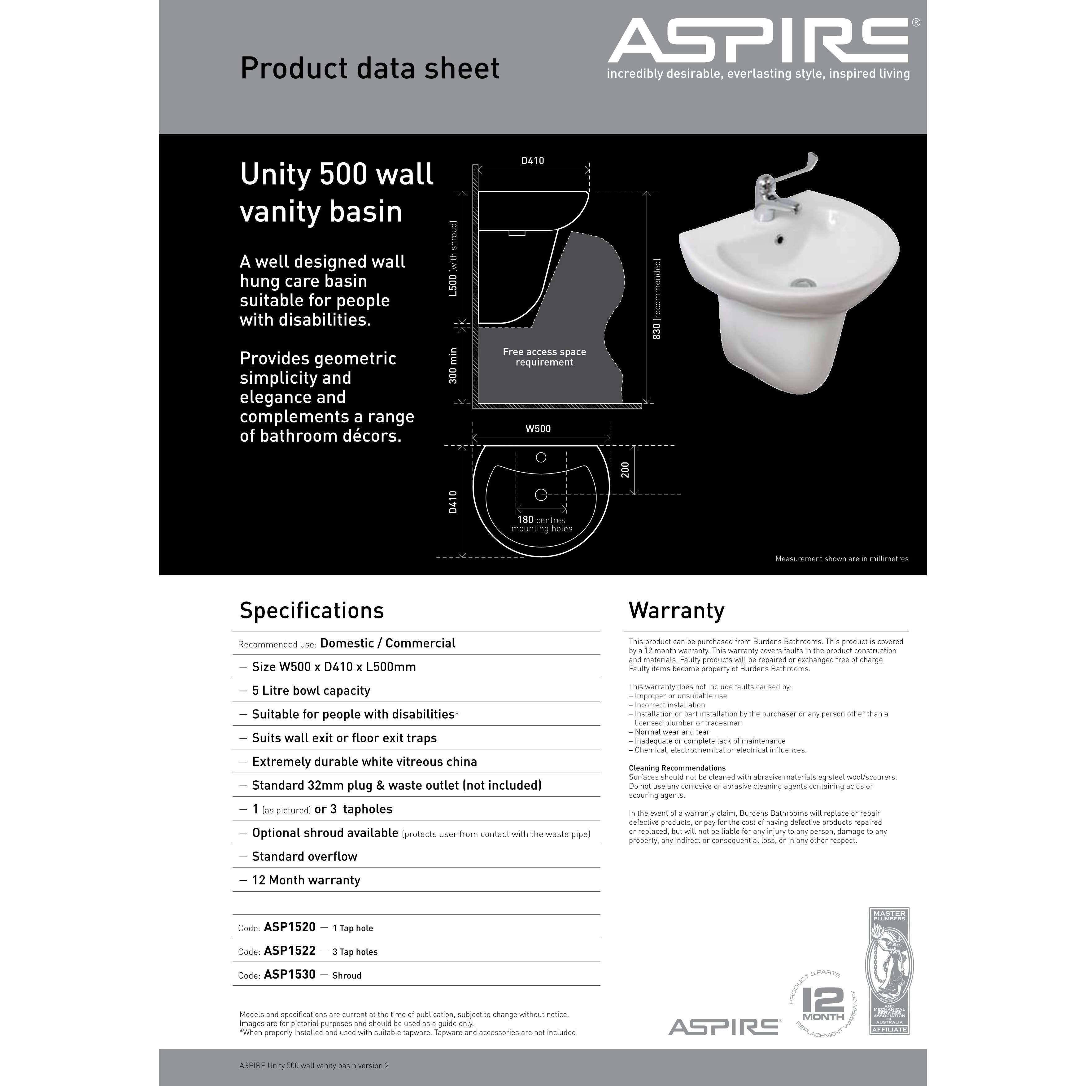 Aspire Unity 500 Wall Basin Only 500 X 410 1 Tap Hole White - Burdens Plumbing