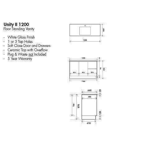 Aspire Unity II 1200 Vanity 1 Tap Hole Floor C/W Sq Ceramic Top White - Burdens Plumbing