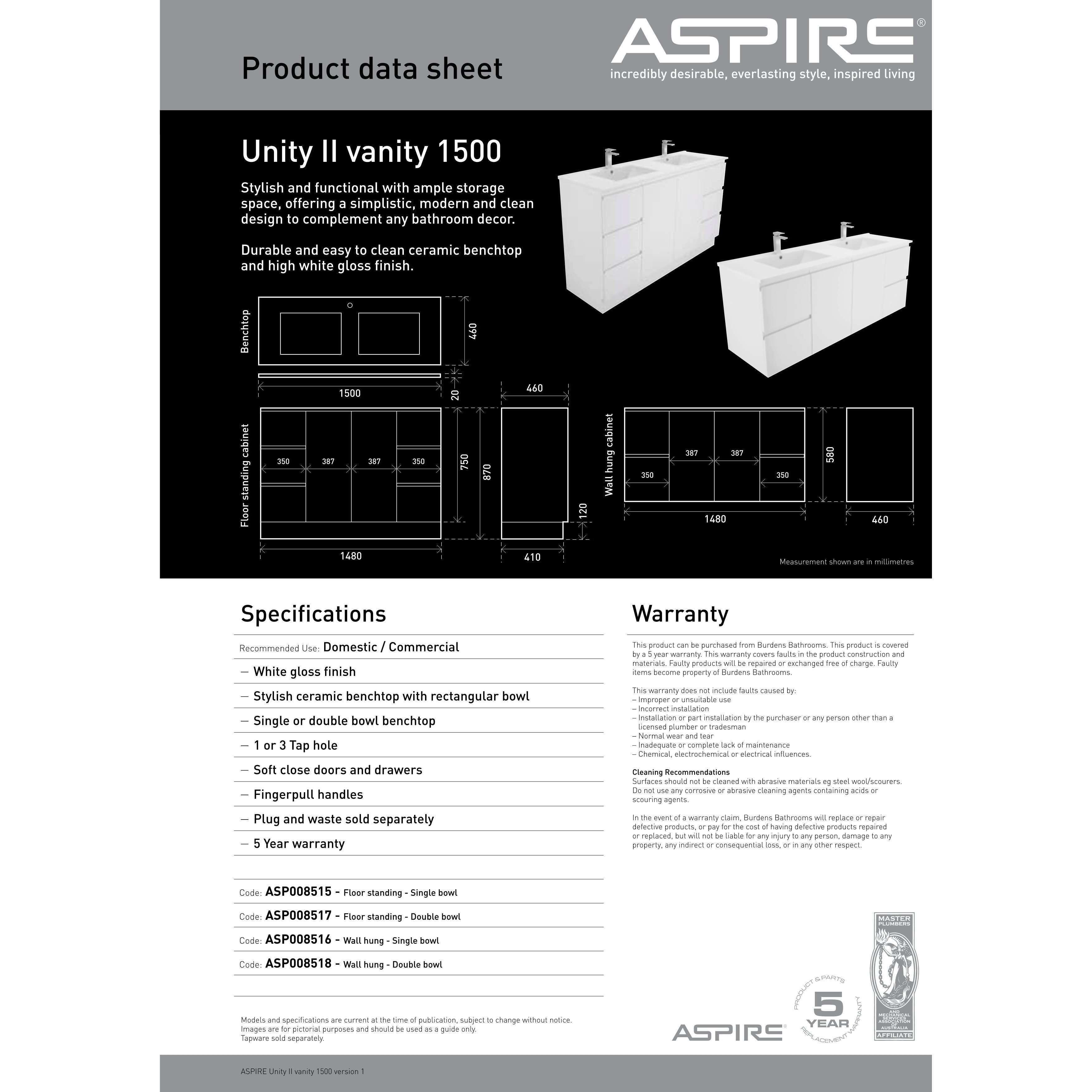 Aspire Unity II 1500 D/Bowl W/Hung Vanity White 1 Tap Hole - Burdens Plumbing