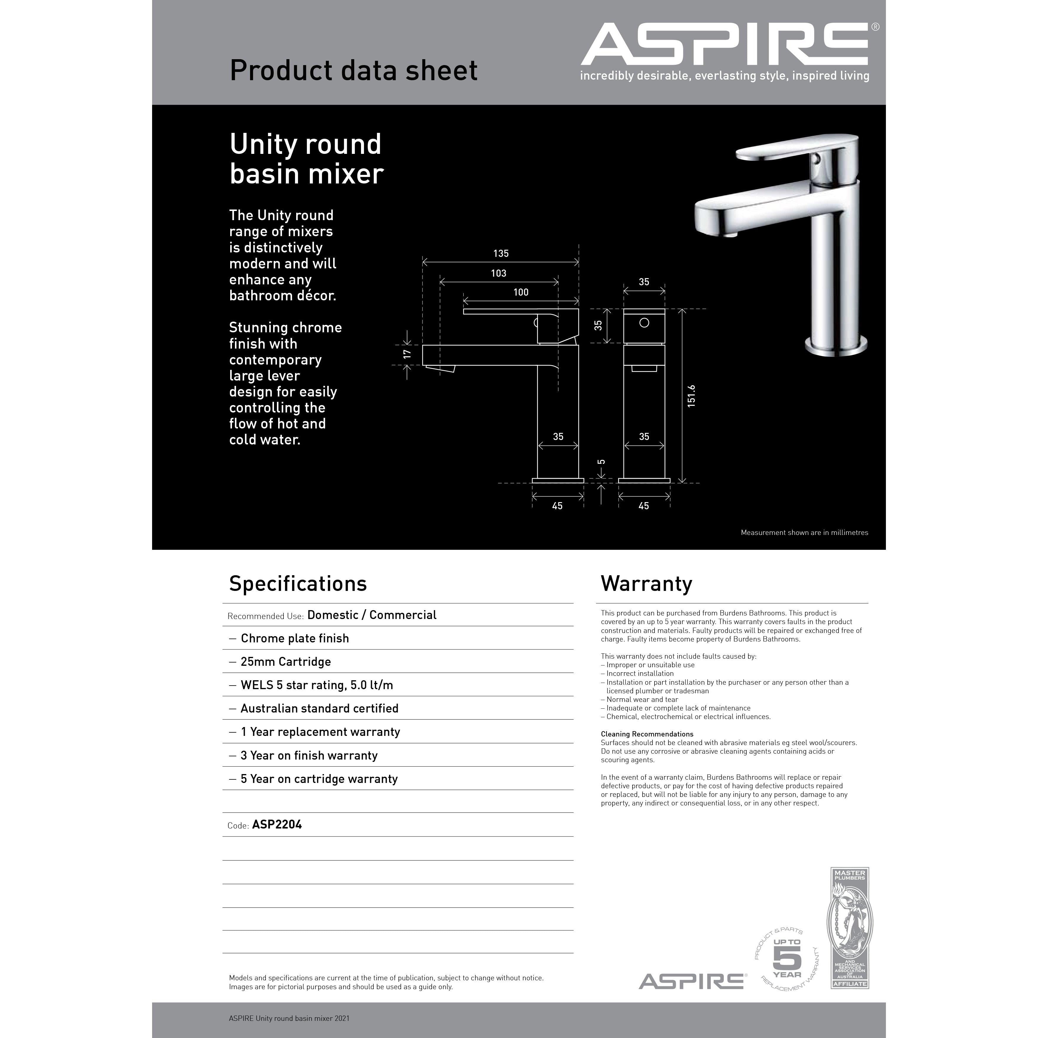 Aspire Unity **Round** Basin Mixer Chrome - Burdens Plumbing