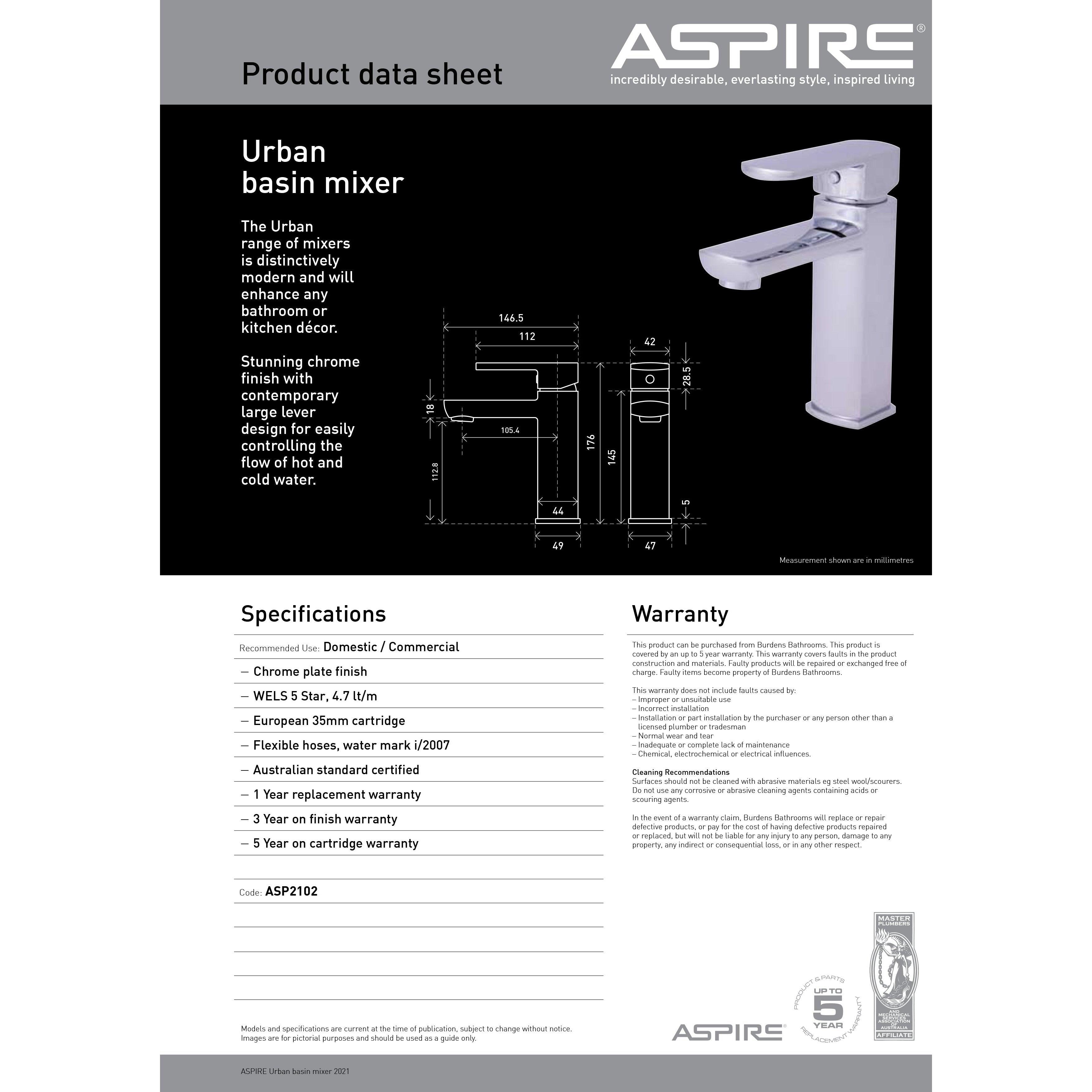 Aspire Urban Basin Mixer C/P - Burdens Plumbing