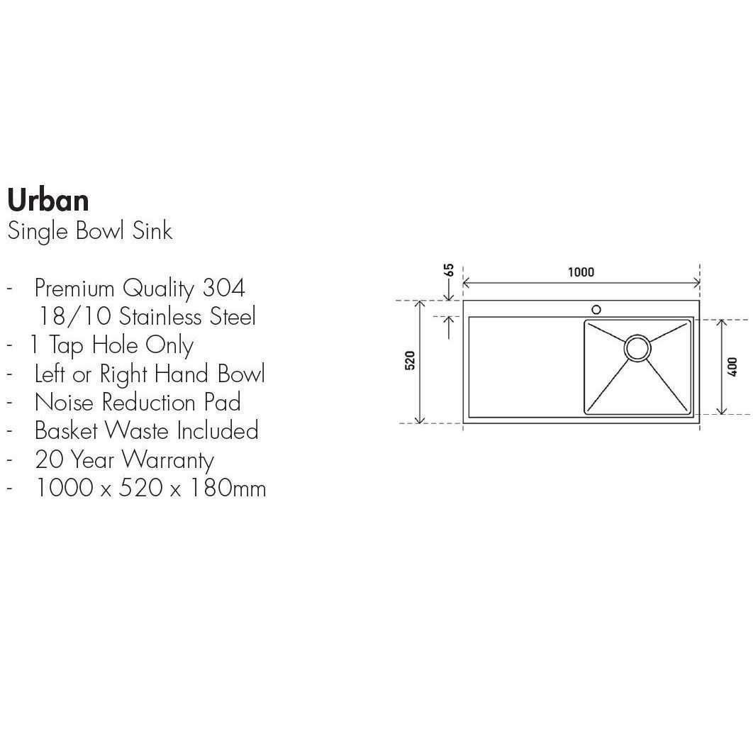 Aspire Urban Single Lh Bowl 1000 X 520 S/Steel Sink **Rh711L** - Burdens Plumbing