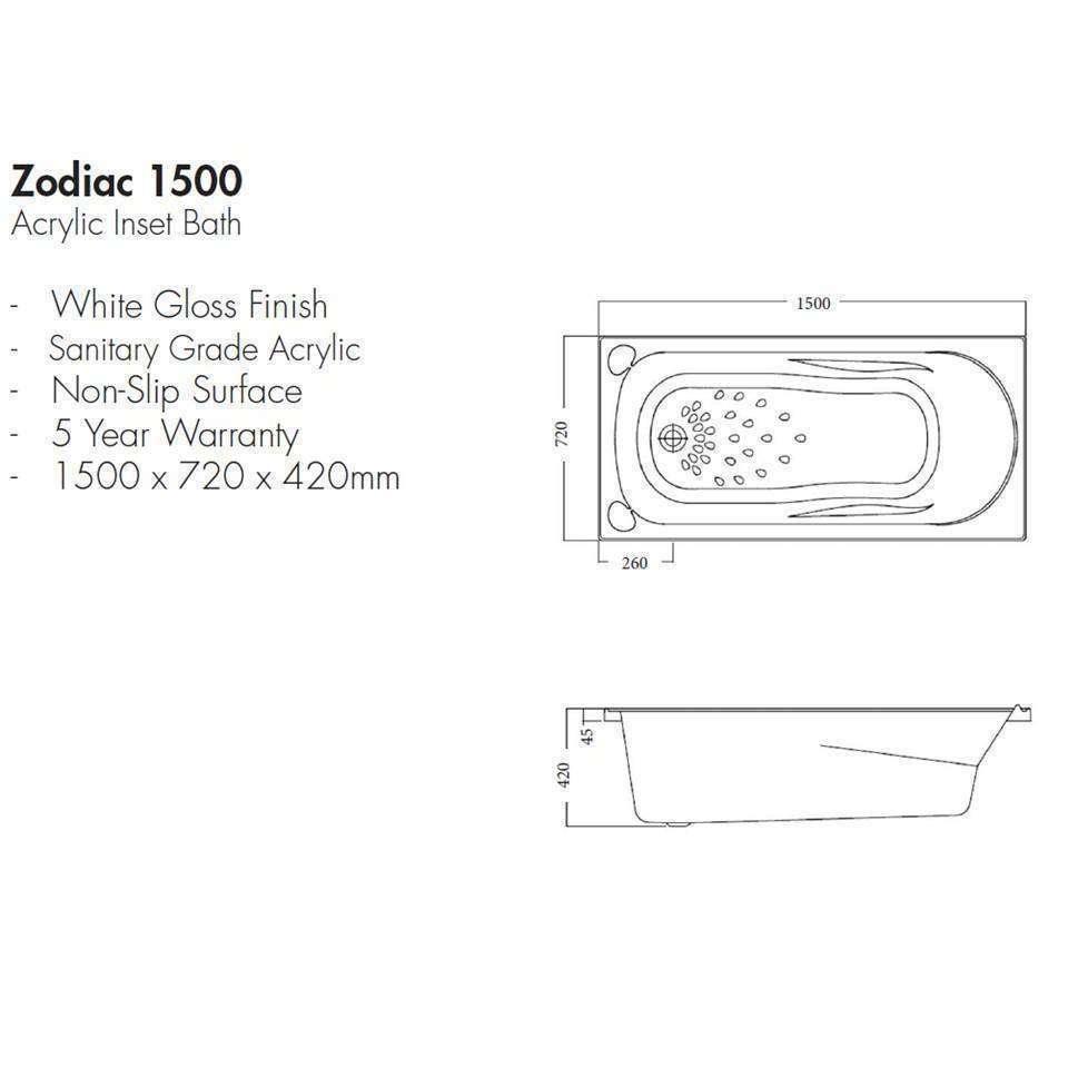 Aspire Zodiac Acrylic Bath 1500mm - White **Cb1500** - Burdens Plumbing