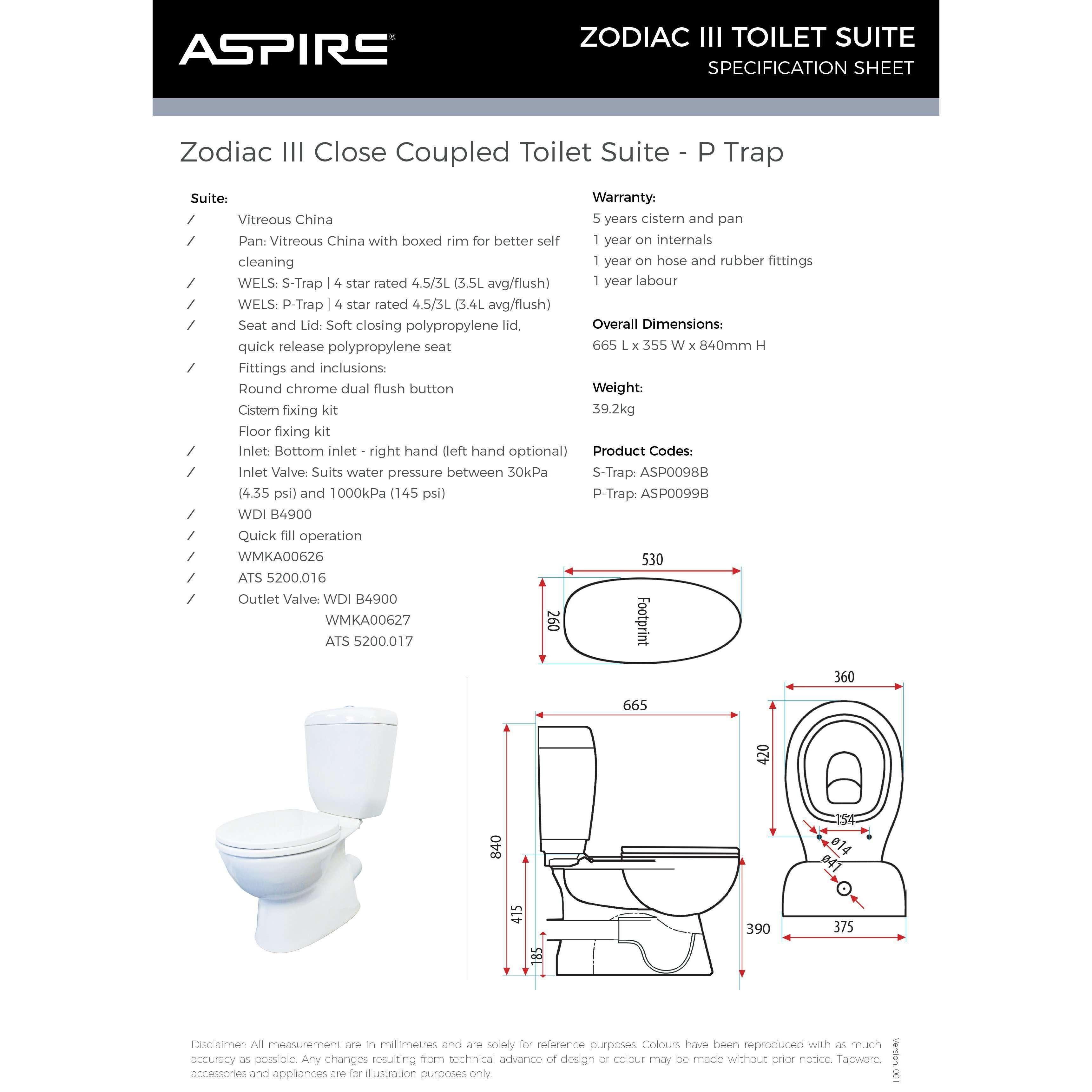 Aspire Zodiac Mk3 Close Coupled Toilet Suite P Trap Soft Close Se - Burdens Plumbing