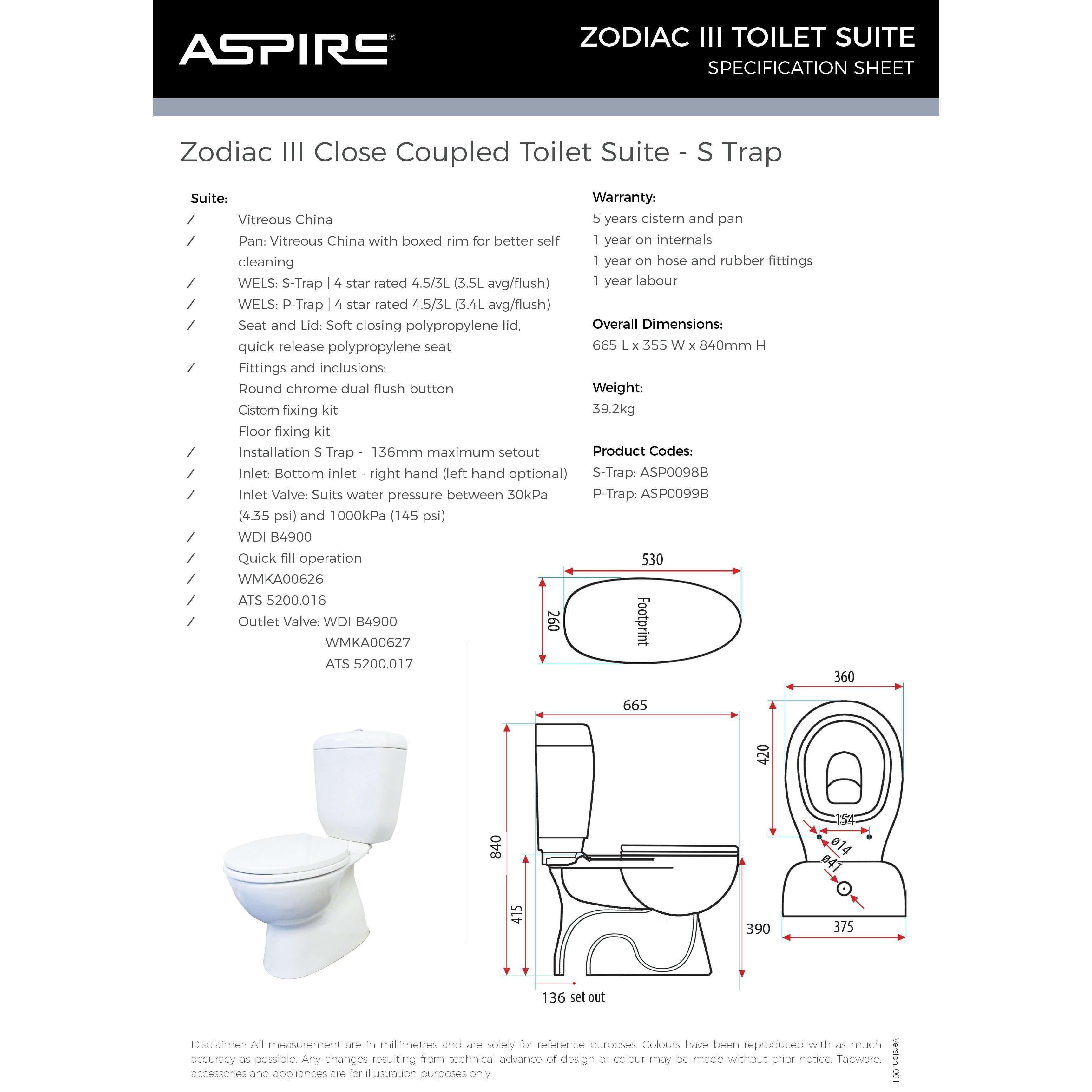 Aspire Zodiac Mk3 Close Coupled Toilet Suite S Trap Soft Close Se - Burdens Plumbing