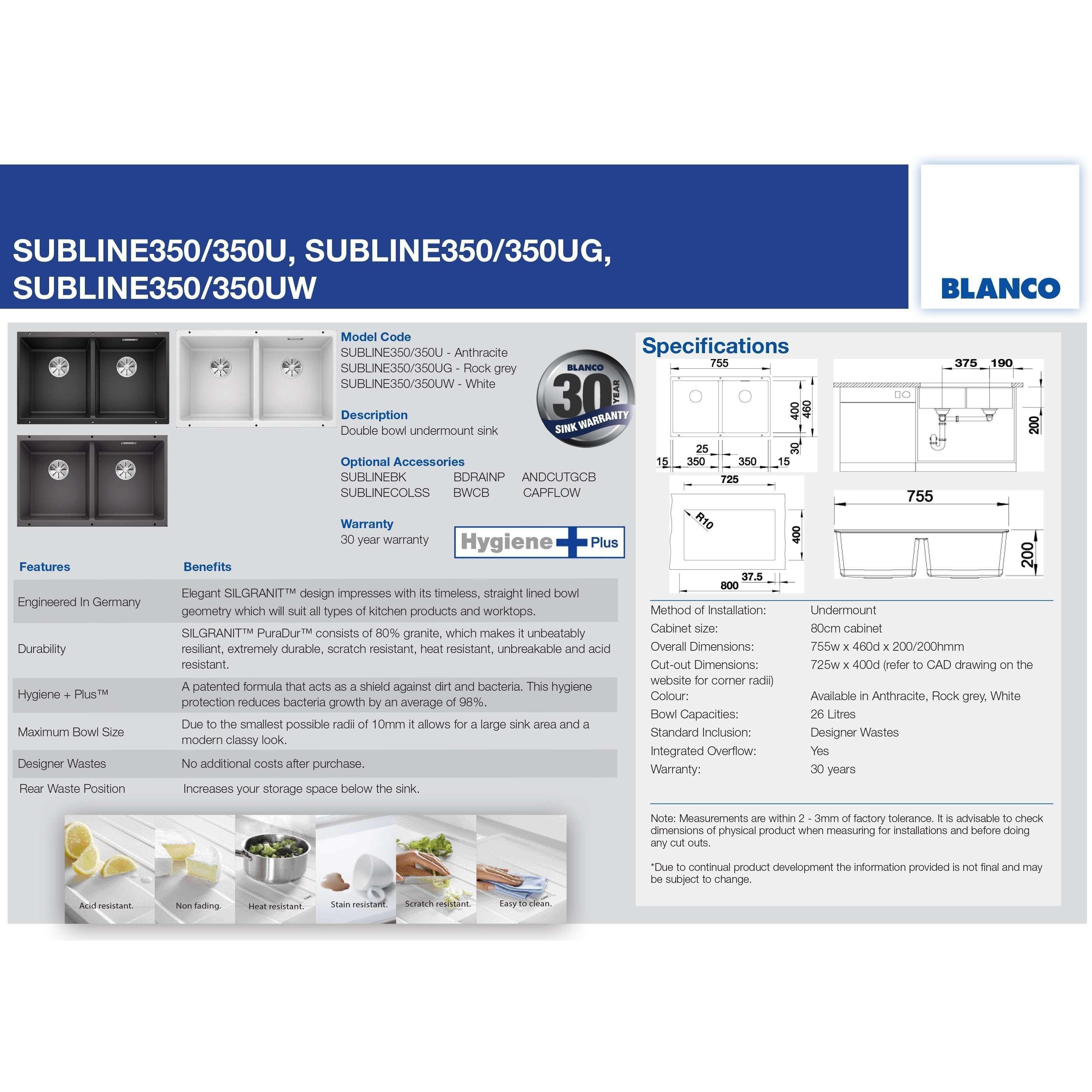 Blanco Silgranit Subline 350 D/Bowl Sink 350X350 Anthracite - Burdens Plumbing