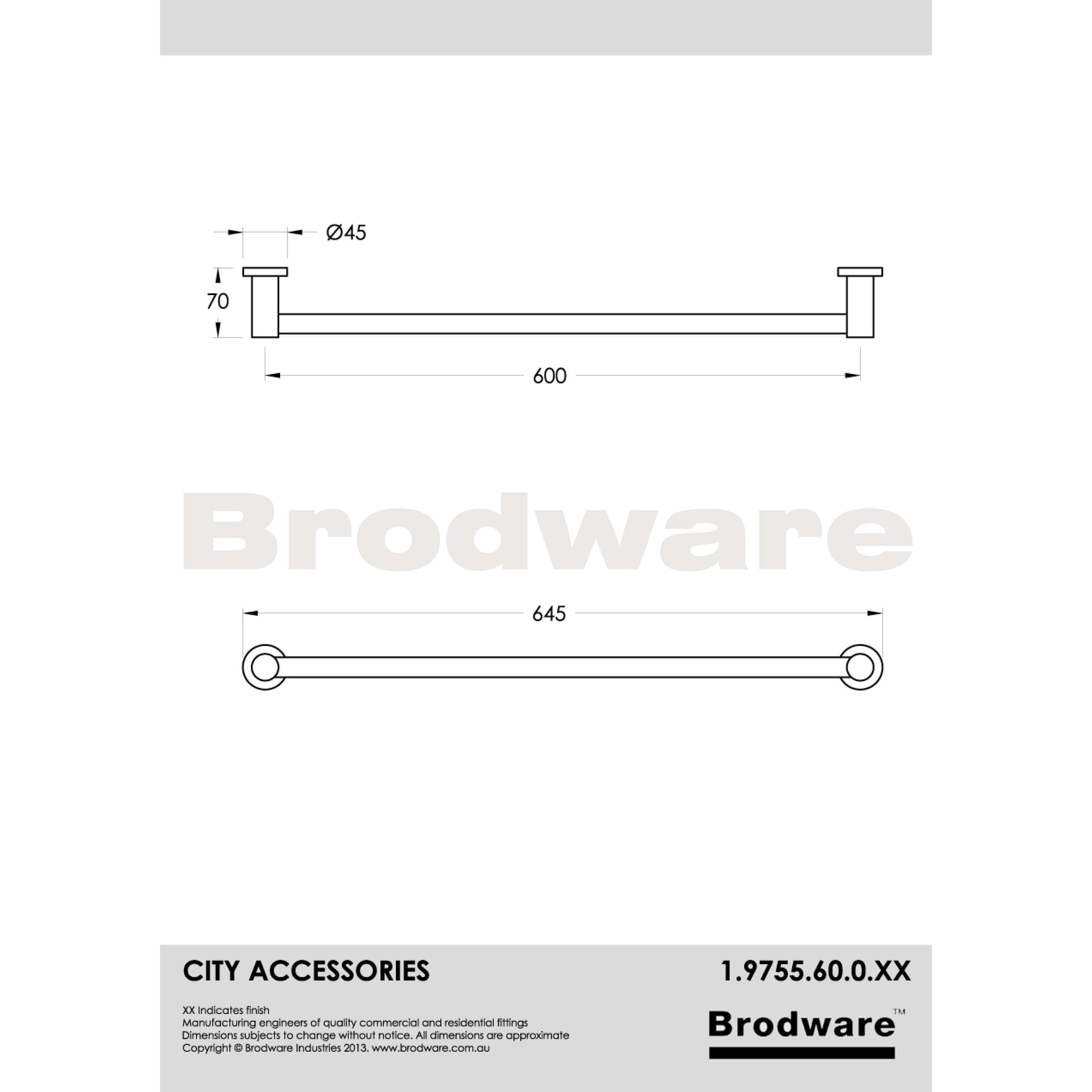 Brodware City Towel Rail 600mm Chrome 1.9755.60.0.01 - Burdens Plumbing