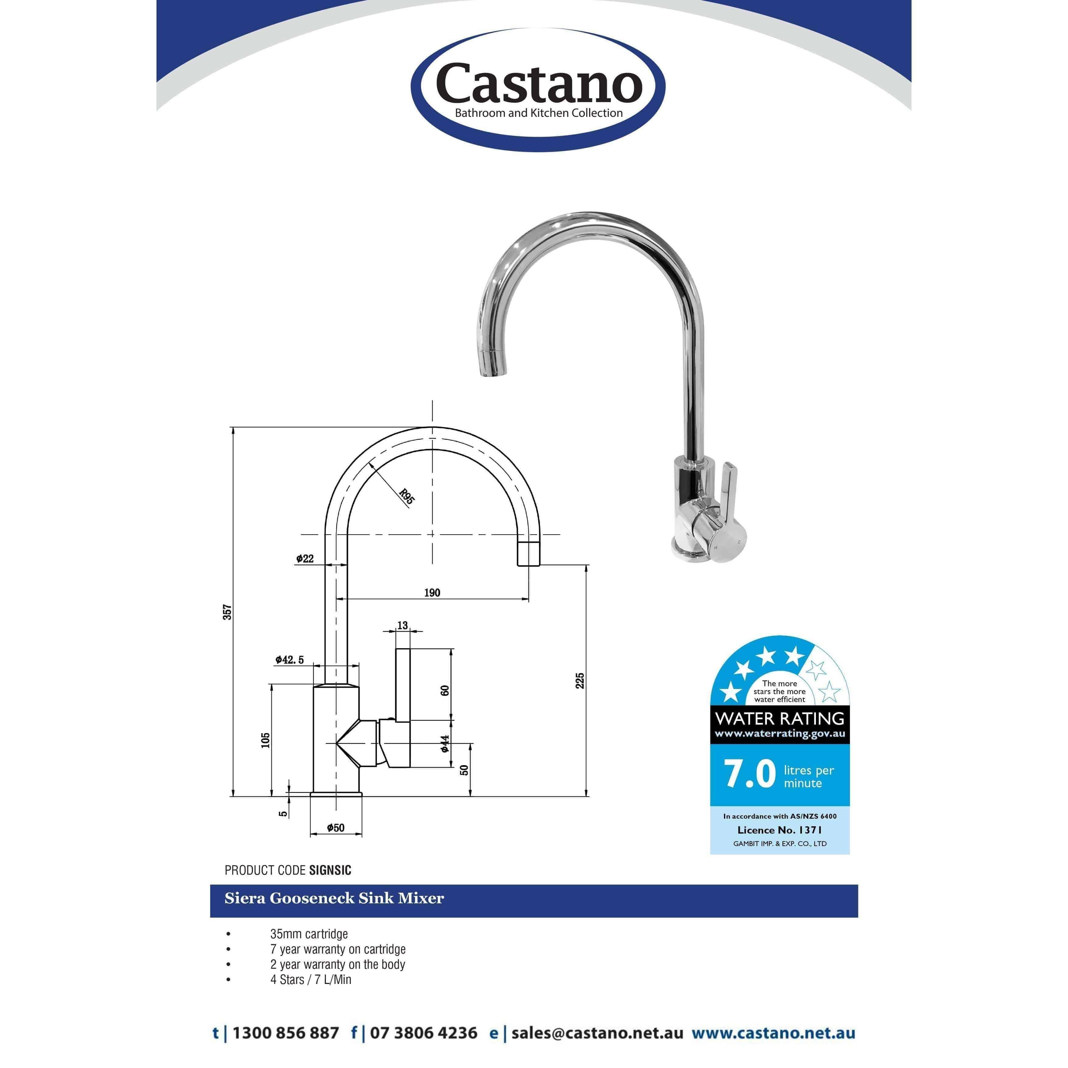 Castano Siera Gooseneck Sink Mixer Chrome Signsic - Burdens Plumbing