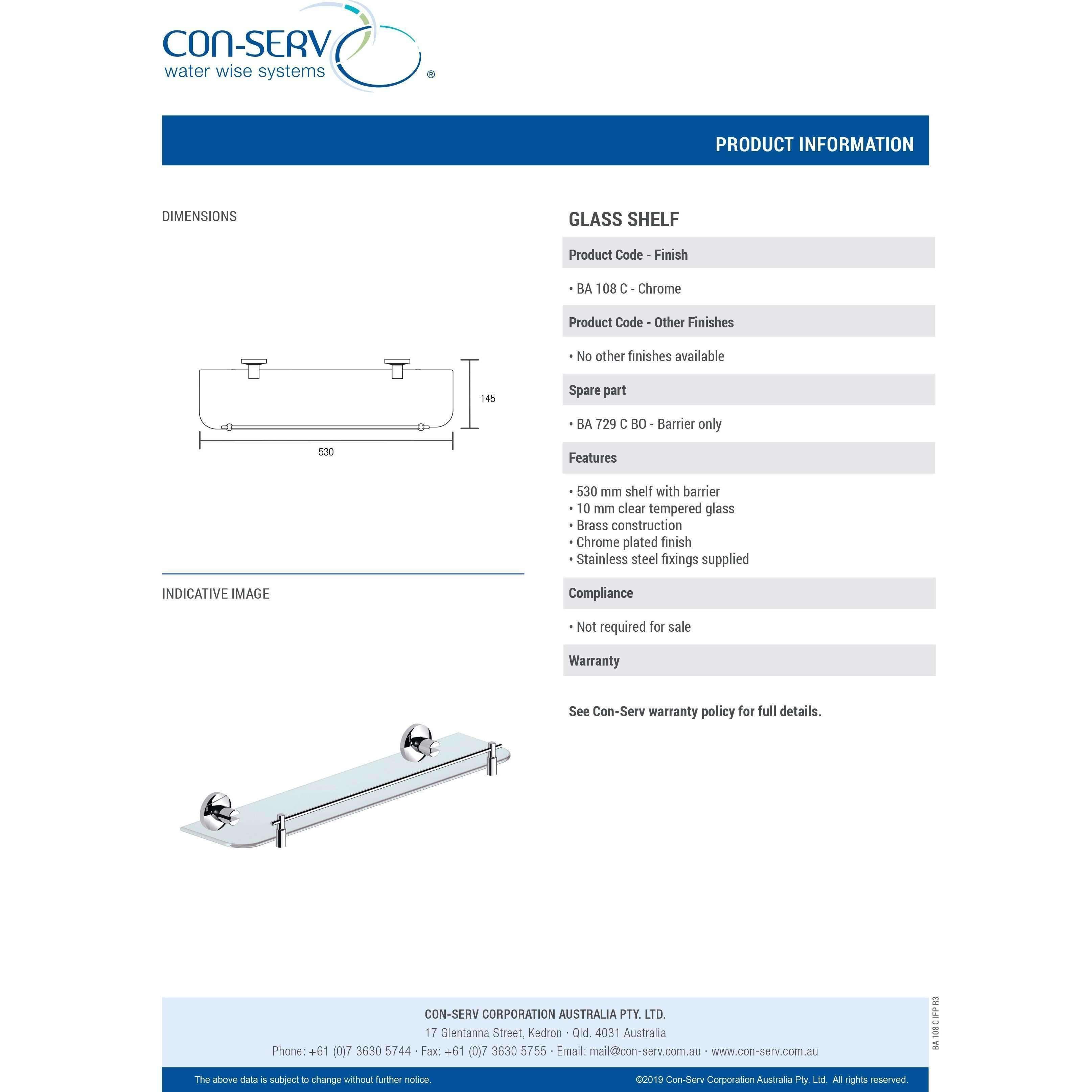 Con-Serv 100 Series Glass Shelf With Barrier Chrome Ba108C - Burdens Plumbing