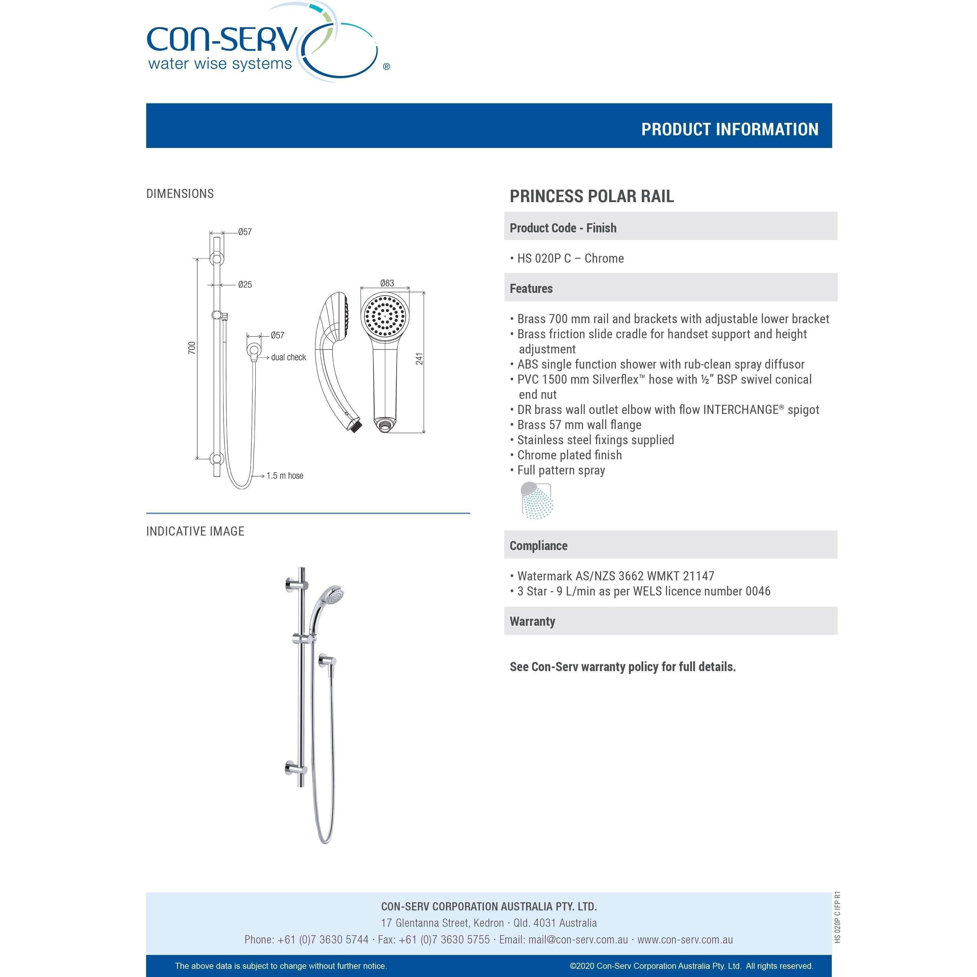 Con-Serv Princess Handheld Shower On Slide Rail Chrome - Burdens Plumbing