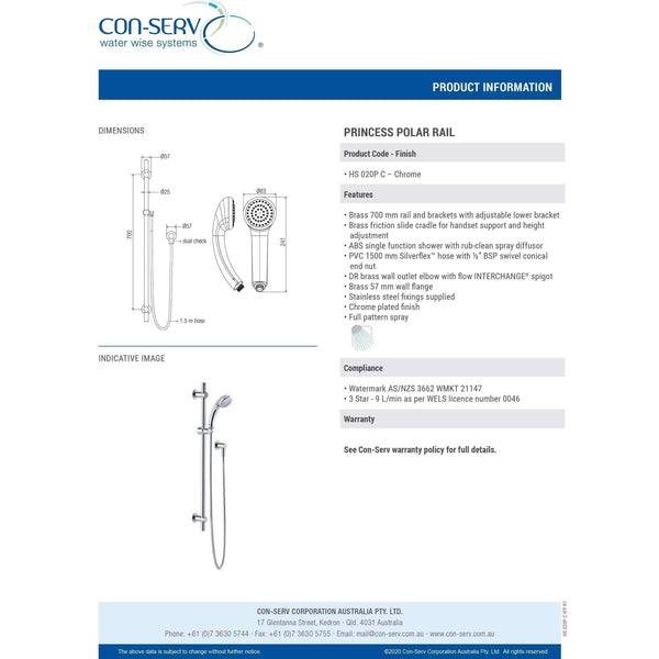 Con-Serv Princess Handheld Shower On Slide Rail Chrome - Burdens Plumbing