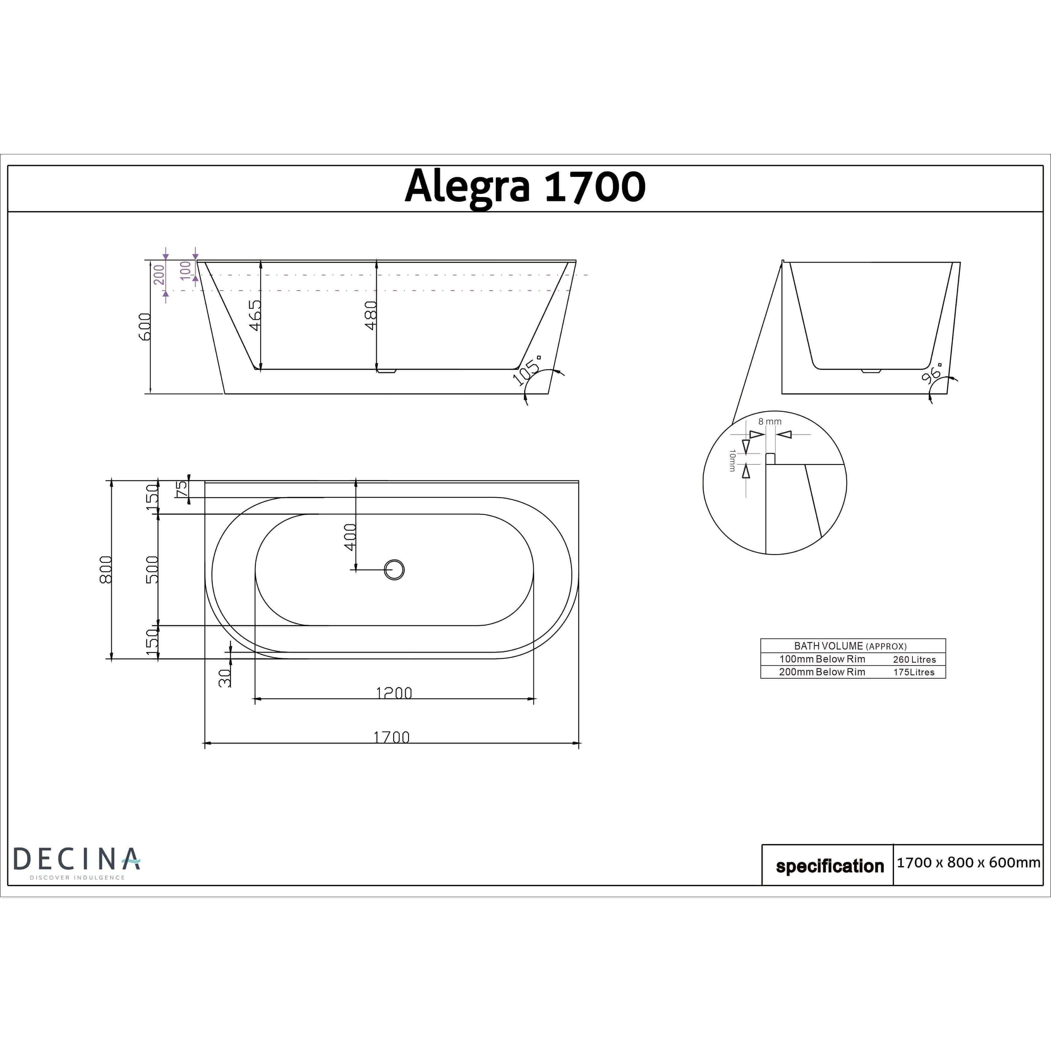 Decina Alegra Back To Wall Freestanding Bath Black 1700 X 800 - Burdens Plumbing