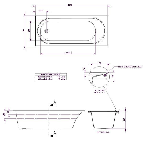 Decina Turin Retangle Bath 1790mm X 760 X 480 White - Burdens Plumbing