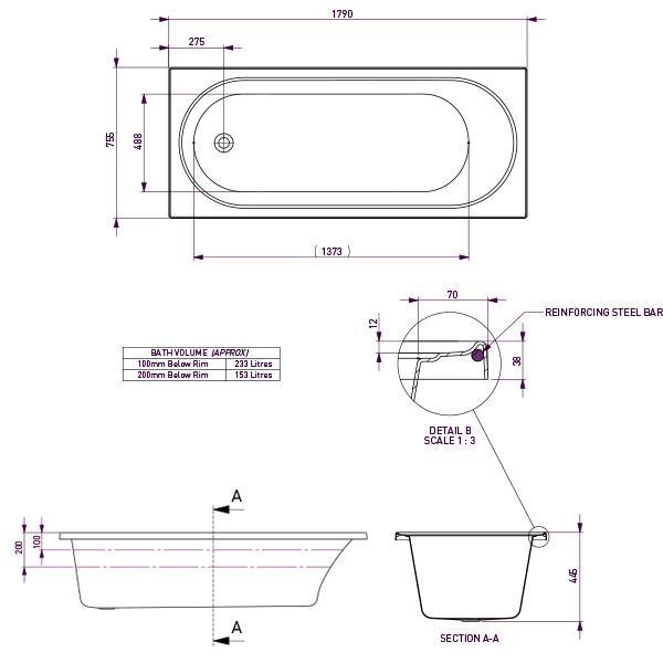 Decina Turin Retangle Bath 1790mm X 760 X 480 White - Burdens Plumbing