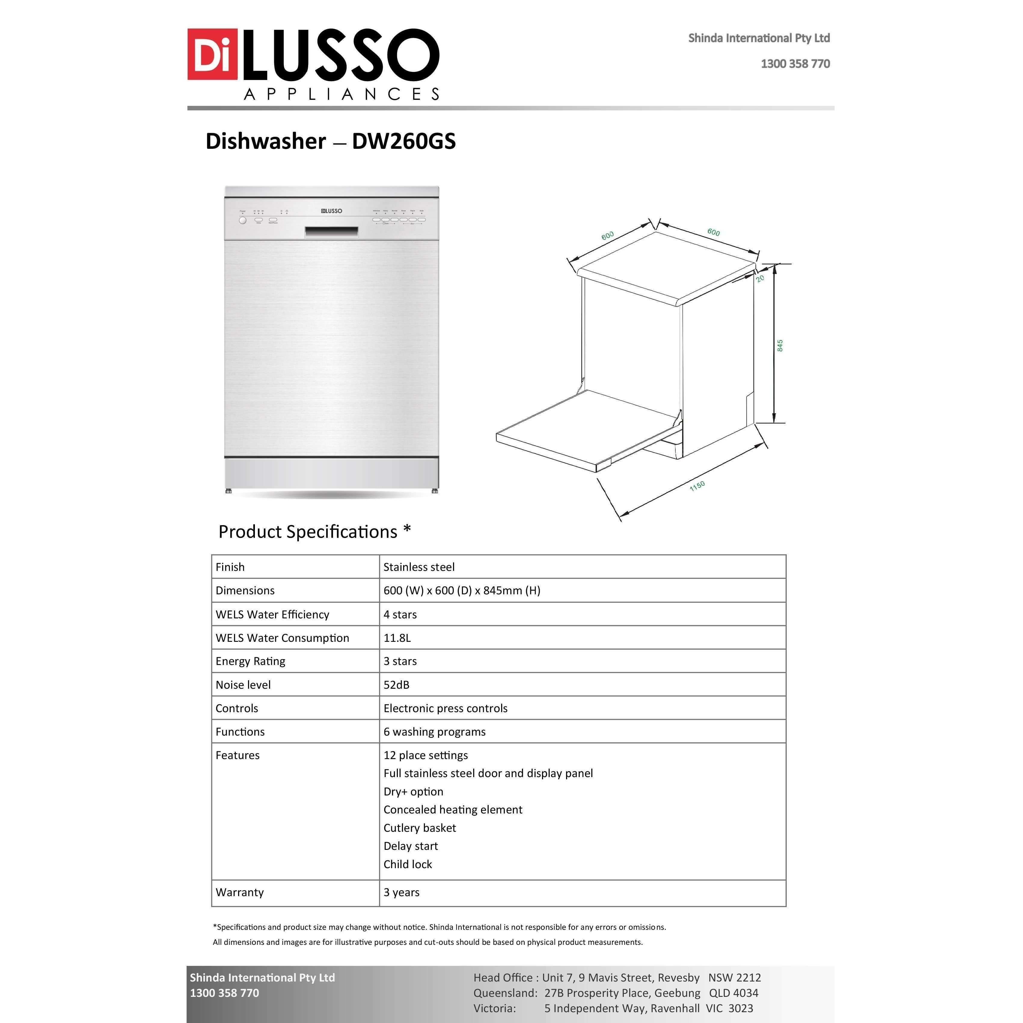 Di Lusso 60Cm Dw260Gs Freestanding Dishwasher Stainless Steel - Burdens Plumbing