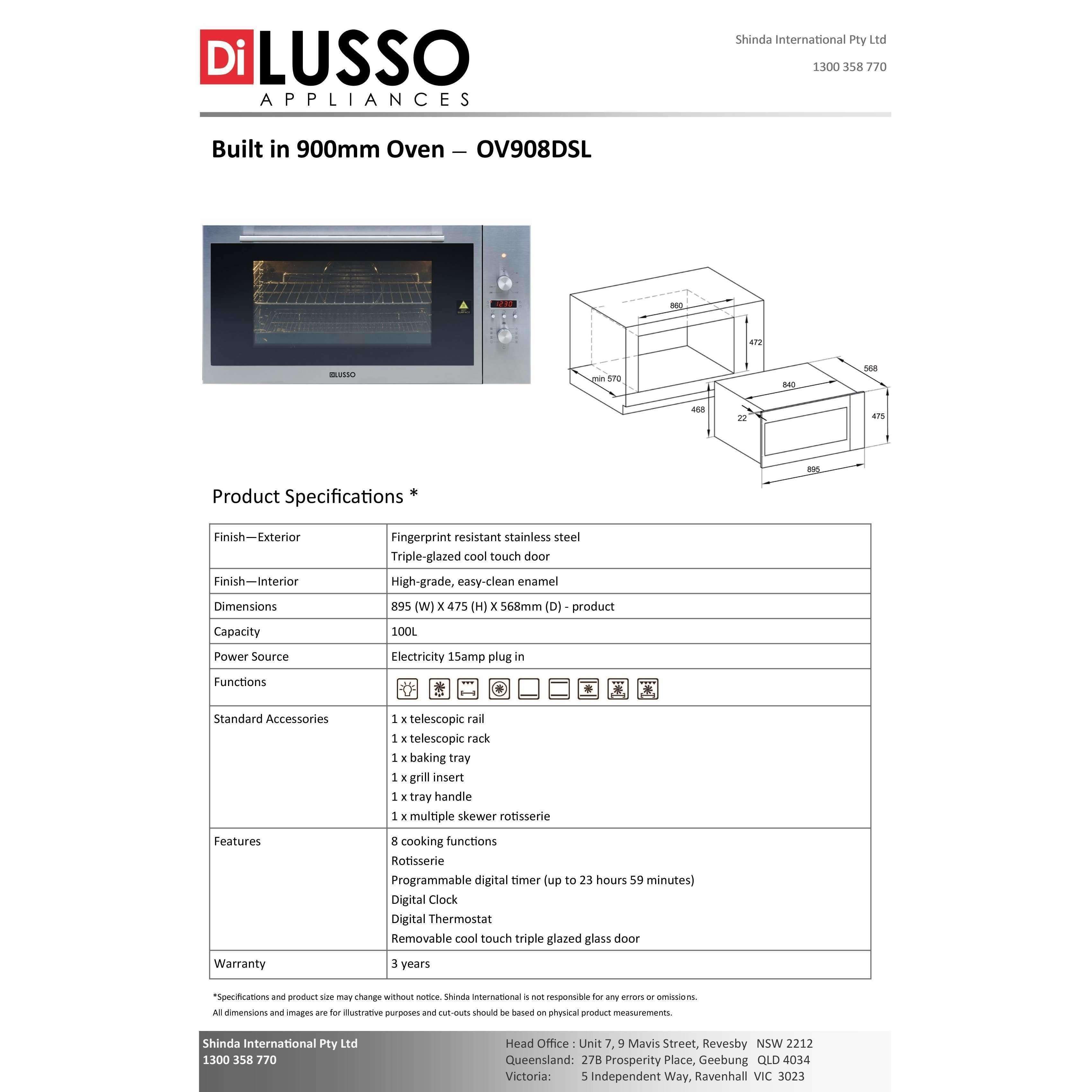 Di Lusso 900mm Stainless Steel & Black 100Lt Oven 8 Functions Ov908Dsl - Burdens Plumbing