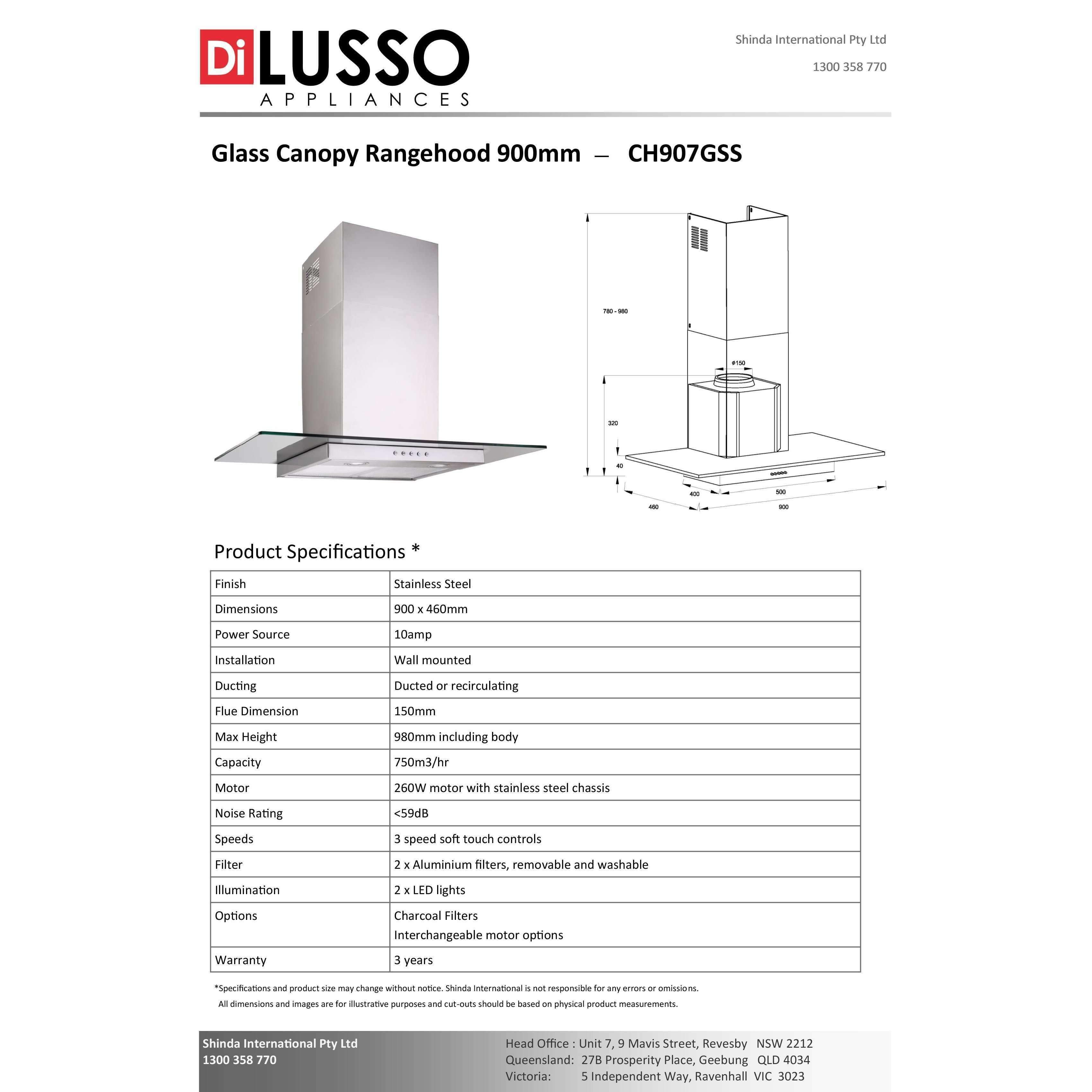 Di Lusso 90Cm Ch907Gss Glass Canopy Rangehood Stainless Steel - Burdens Plumbing
