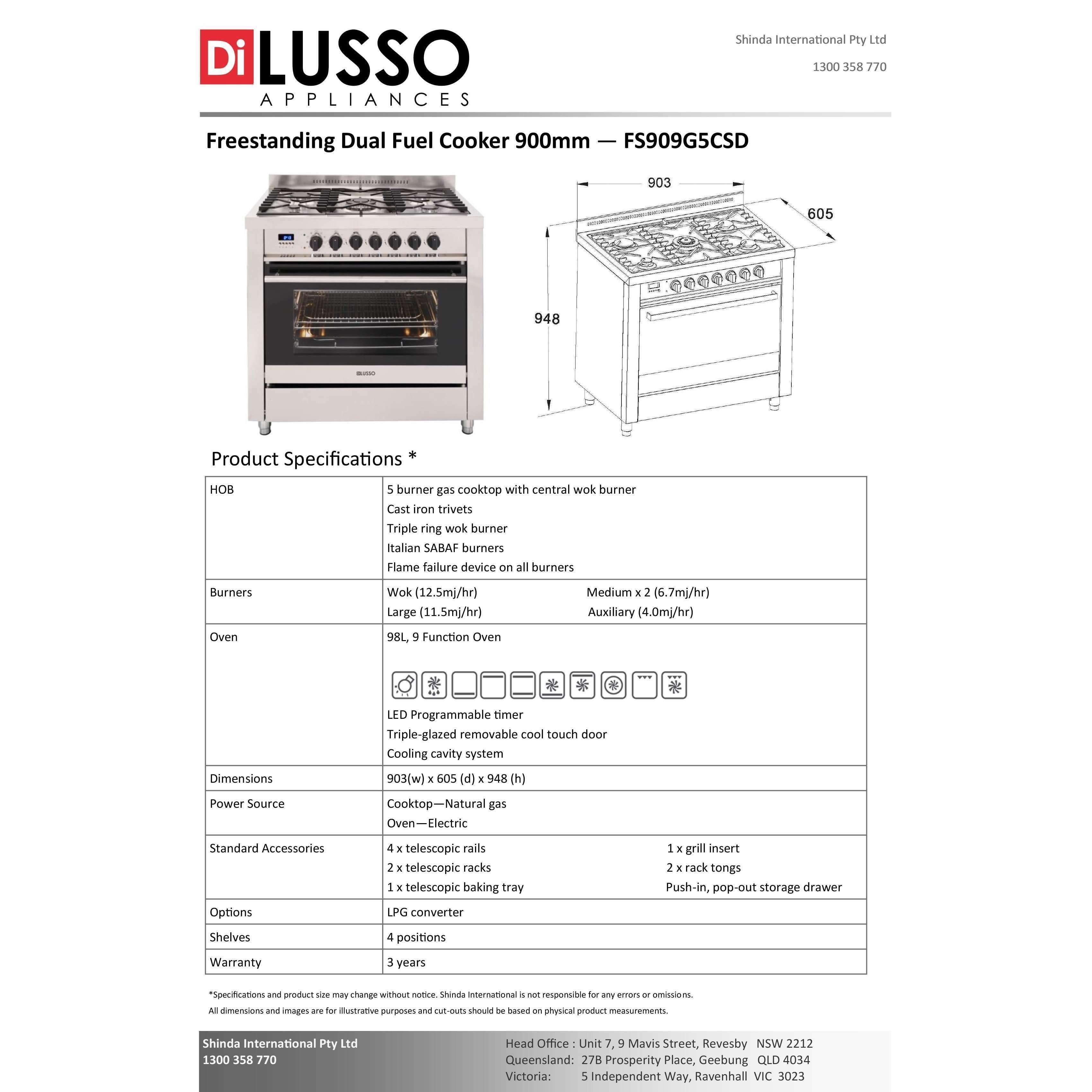 Di Lusso 90Cm Fs909G5Csd Freestanding Dual Fuel 5 Burner Cooker With Wok - Burdens Plumbing