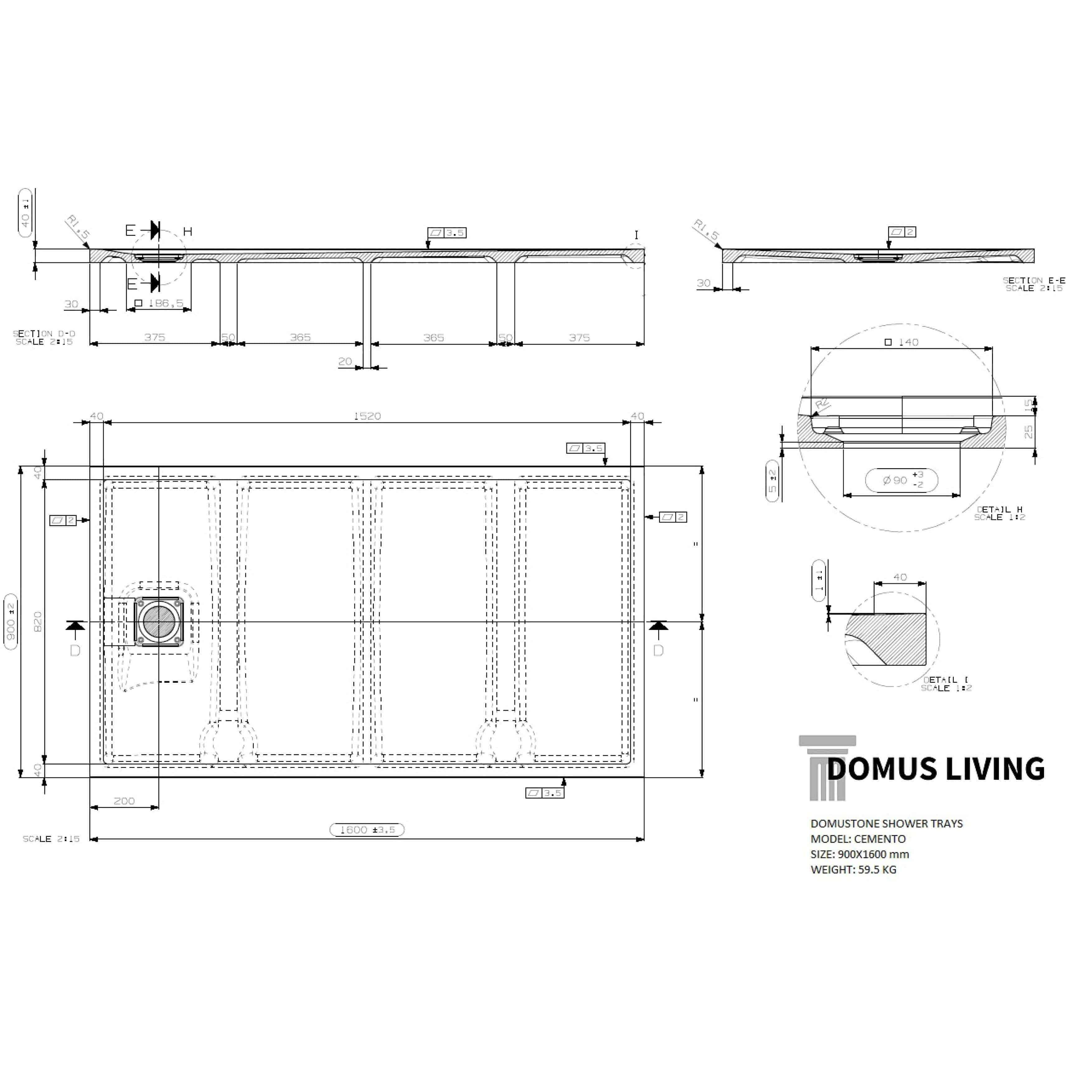Domus Living Cemento Shower Tray 900mm X 1600mm - Burdens Plumbing