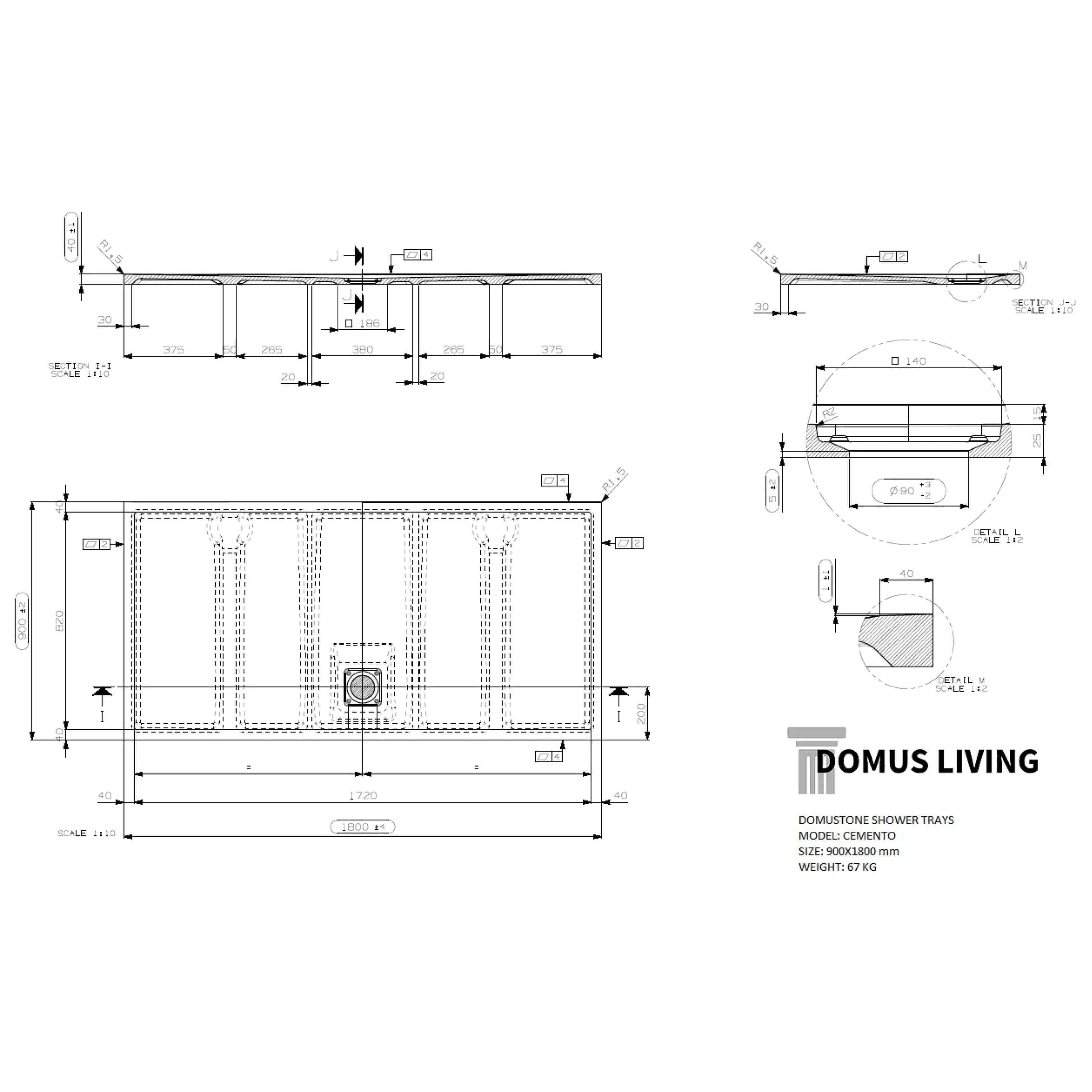 Domus Living Cemento Shower Tray 900mm X 1800mm - Burdens Plumbing