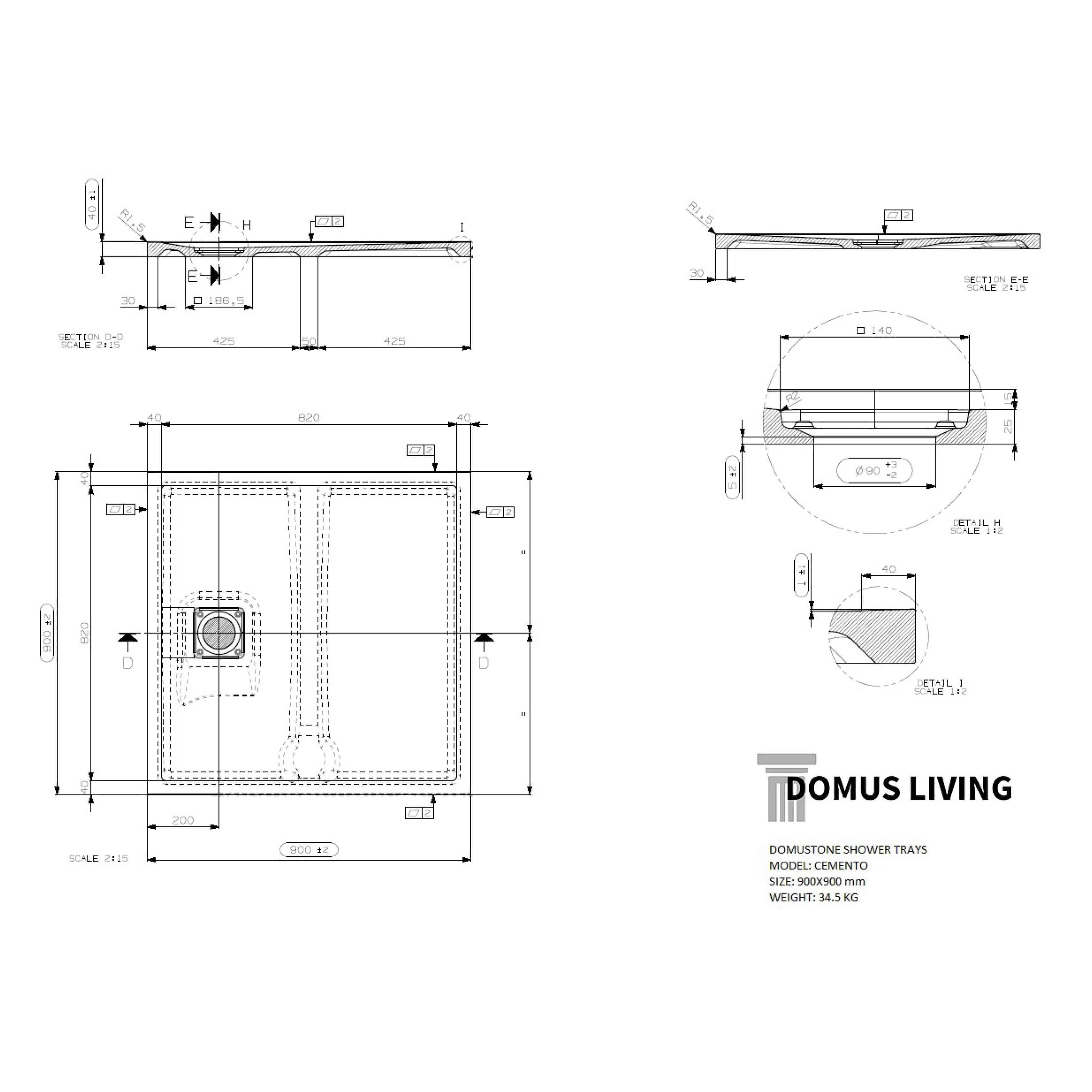Domus Living Cemento Shower Tray 900mm X 900mm - Burdens Plumbing